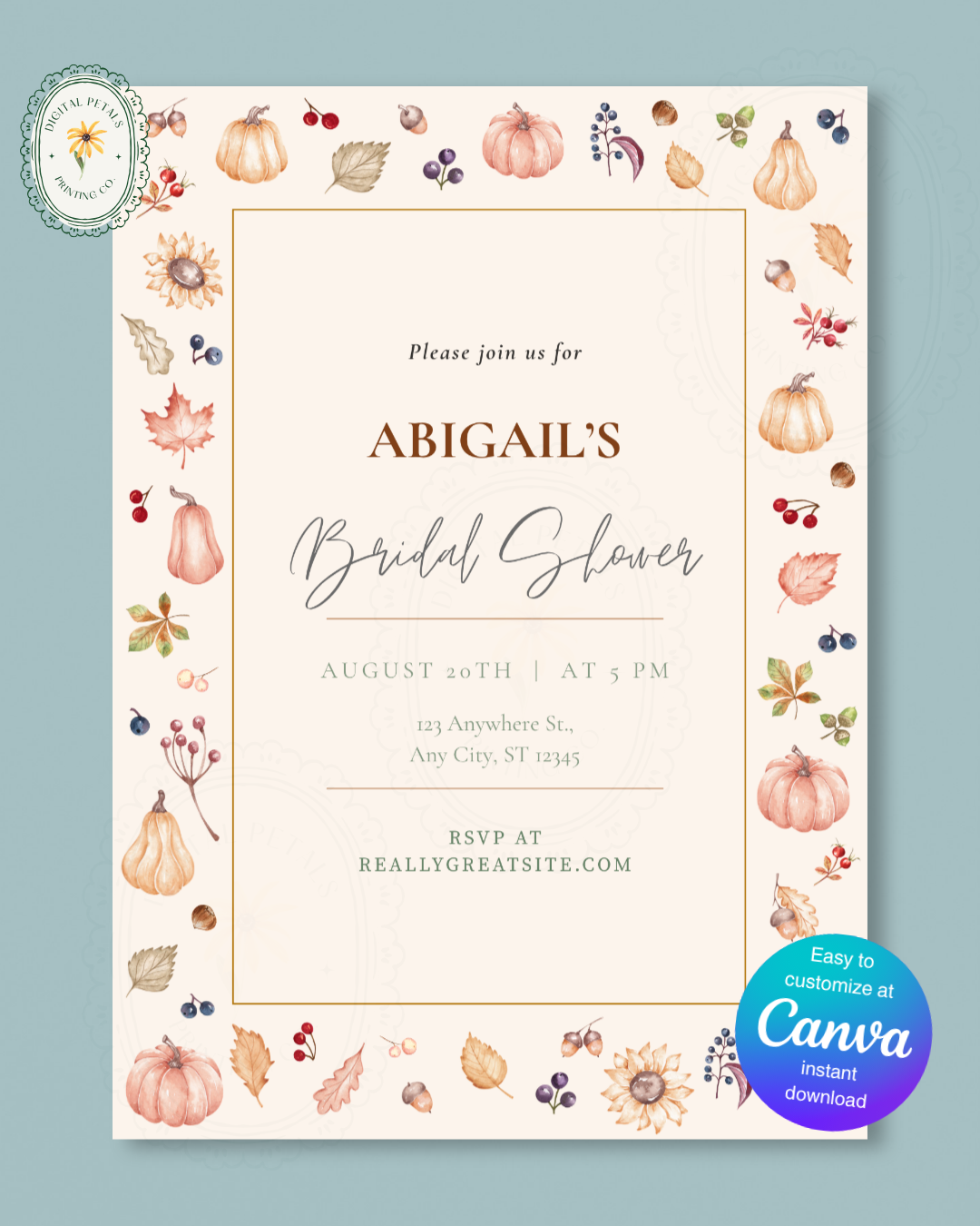 Autumn Harvest Wildflowers Bridal Shower Invitation Template | Editable Canva Digital Download