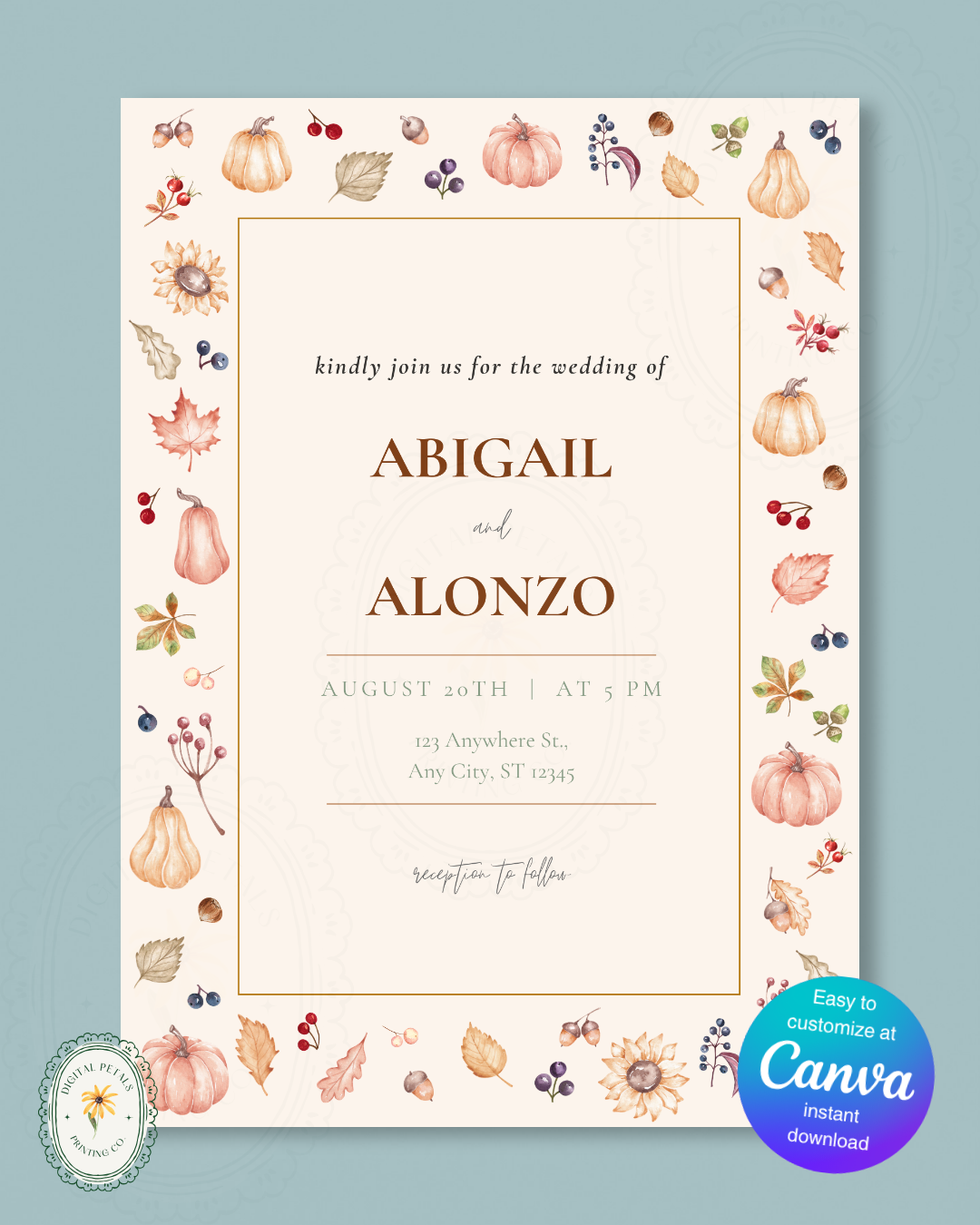 Autumn Harvest Wildflowers Wedding Invitation Template | Editable Canva Digital Download