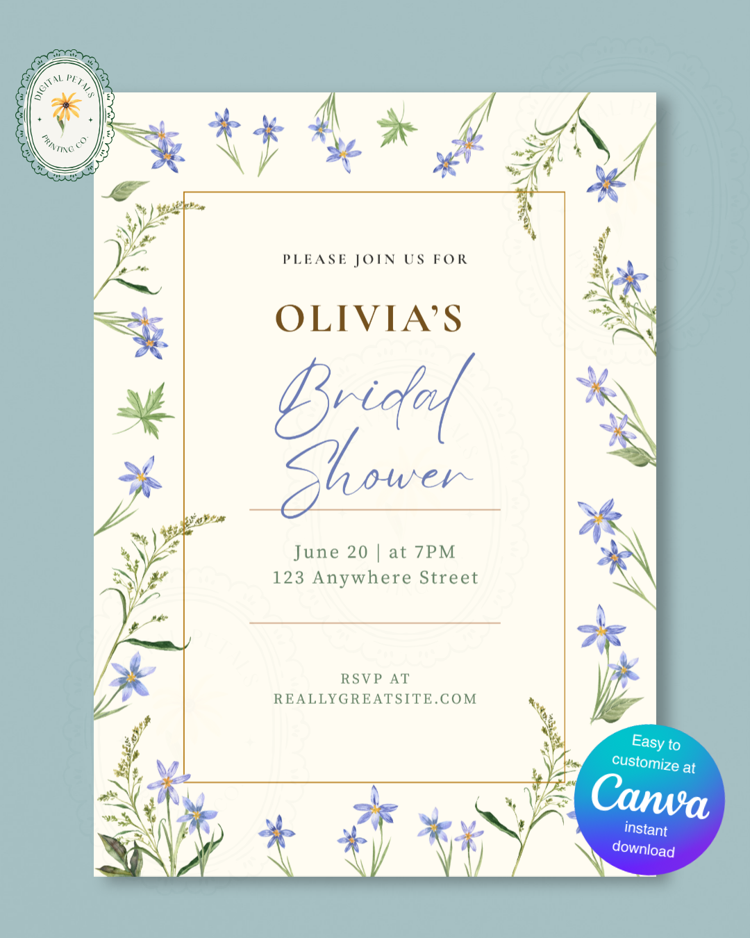Dusty Blue Floral Border Bridal Shower Invitation Template | Editable Digital Download