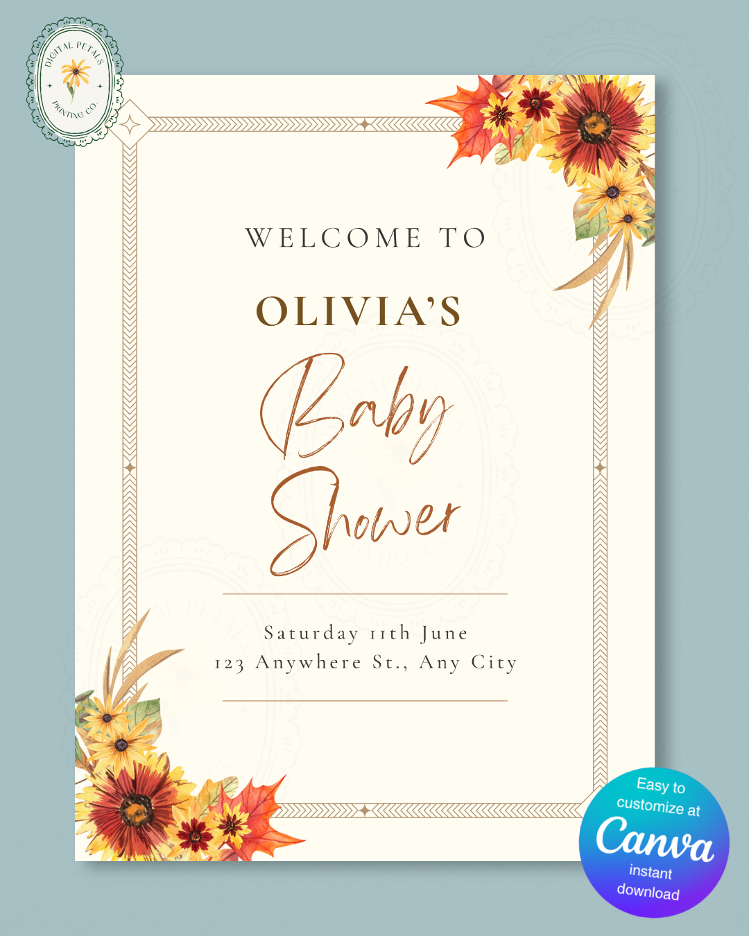 Rustic Fall Wildflowers Baby Shower Welcome Sign Template | Hand Painted Cottagecore Digital Download