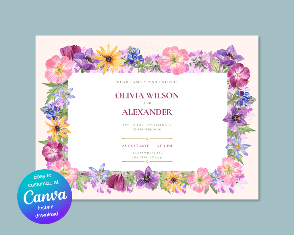 Dusty Lilac Wildflower Border Wedding Landscape Invitation | Printable Landscape Template | Digital Download
