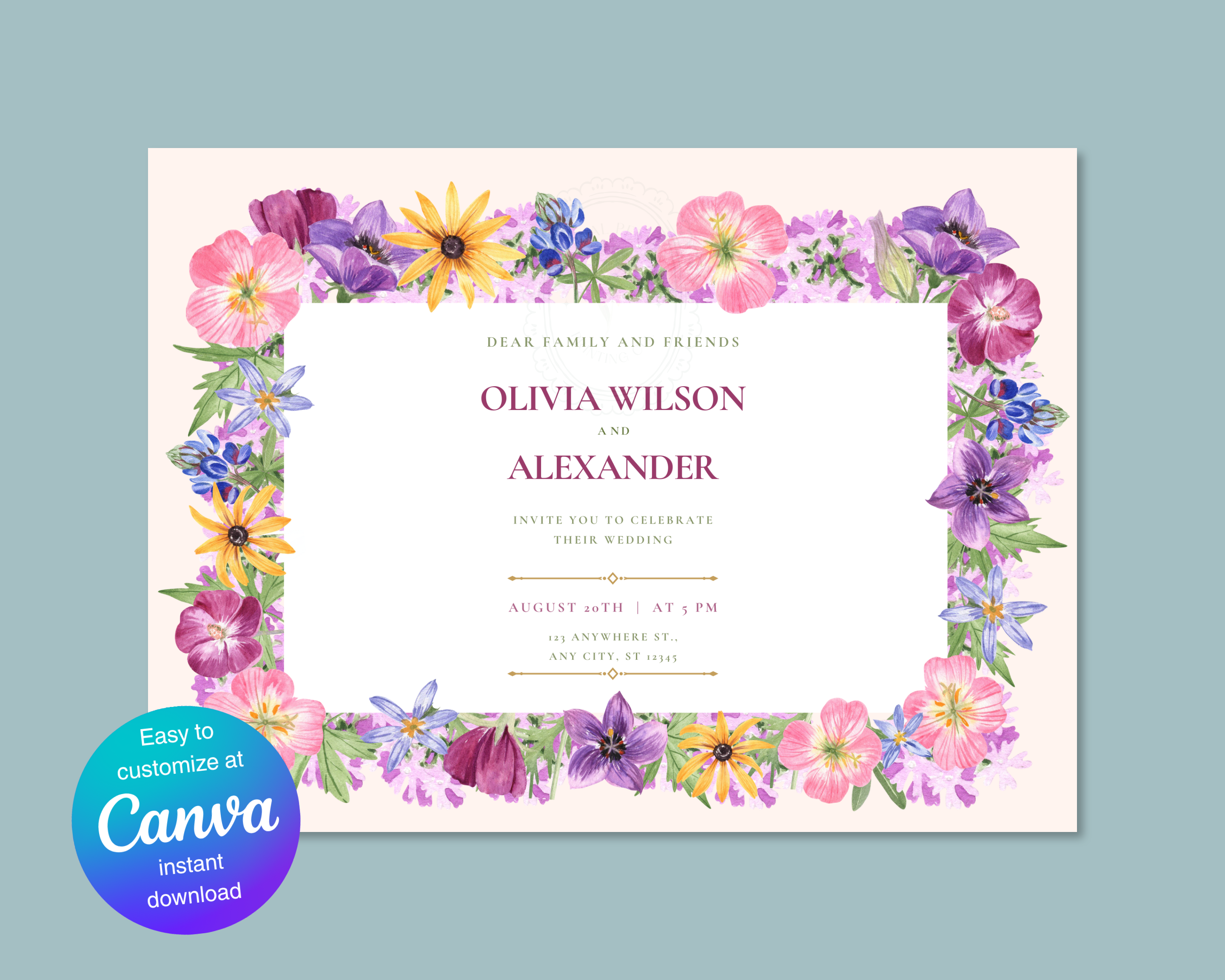 Dusty Lilac Wildflower Border Wedding Landscape Invitation | Printable Landscape Template | Digital Download