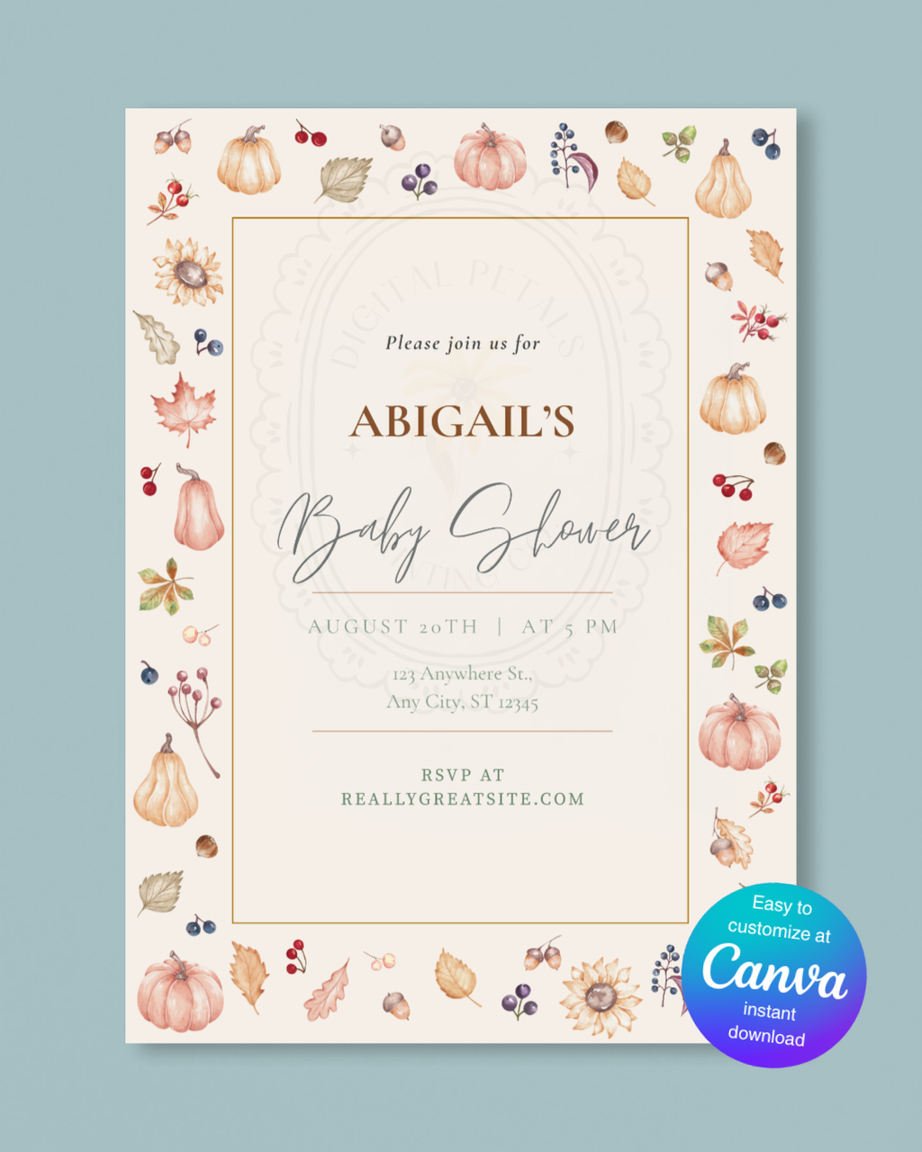 Autumn Harvest Wildflowers Baby Shower Invitation Template | Editable Canva Digital Download