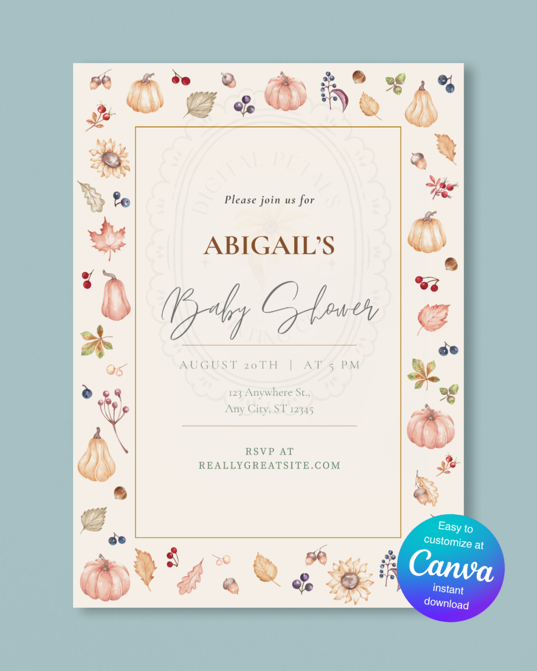 Autumn Harvest Wildflowers Baby Shower Invitation Template | Editable Canva Digital Download