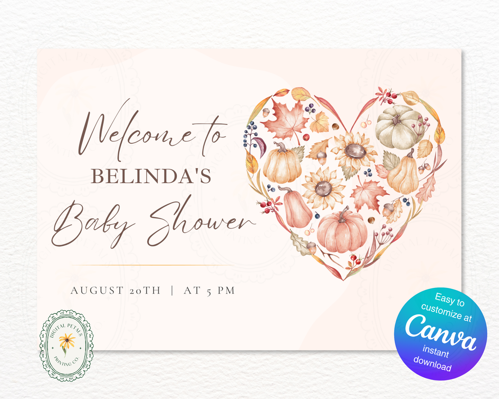 Autumn Baby Shower Welcome Sign | Rustic Heart Floral Border | Editable Canva Digital Download | Print at Home