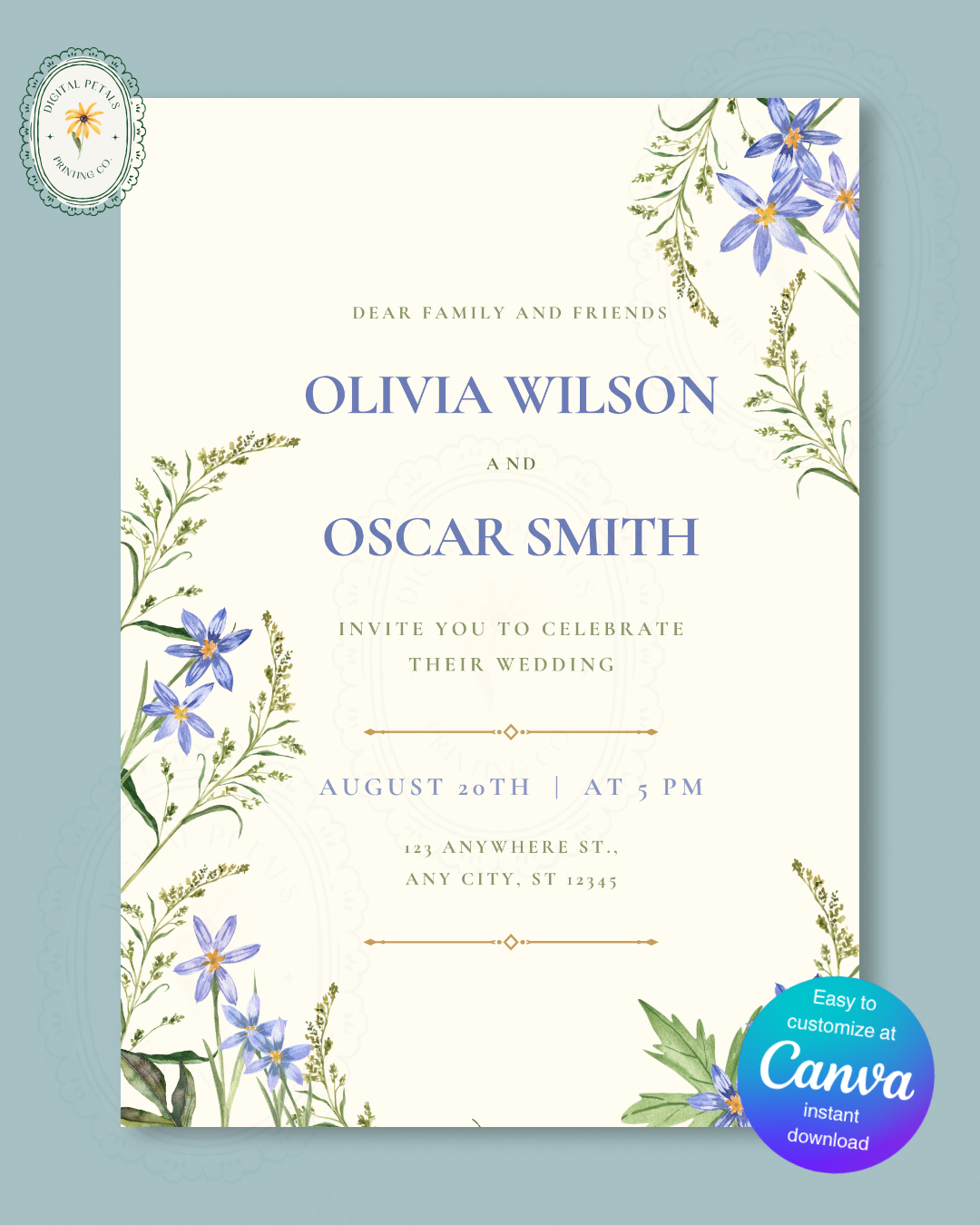 Powder Blue Wildflower Wedding Invitation | Minimalist Printable Invite | Digital Download