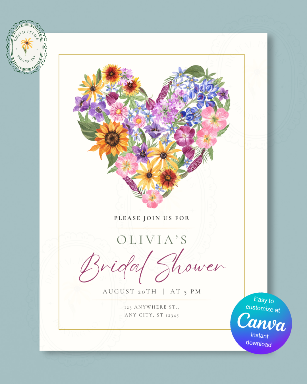 Boho Wildflower Heart Bridal Shower Invitation — Editable Digital Download Template