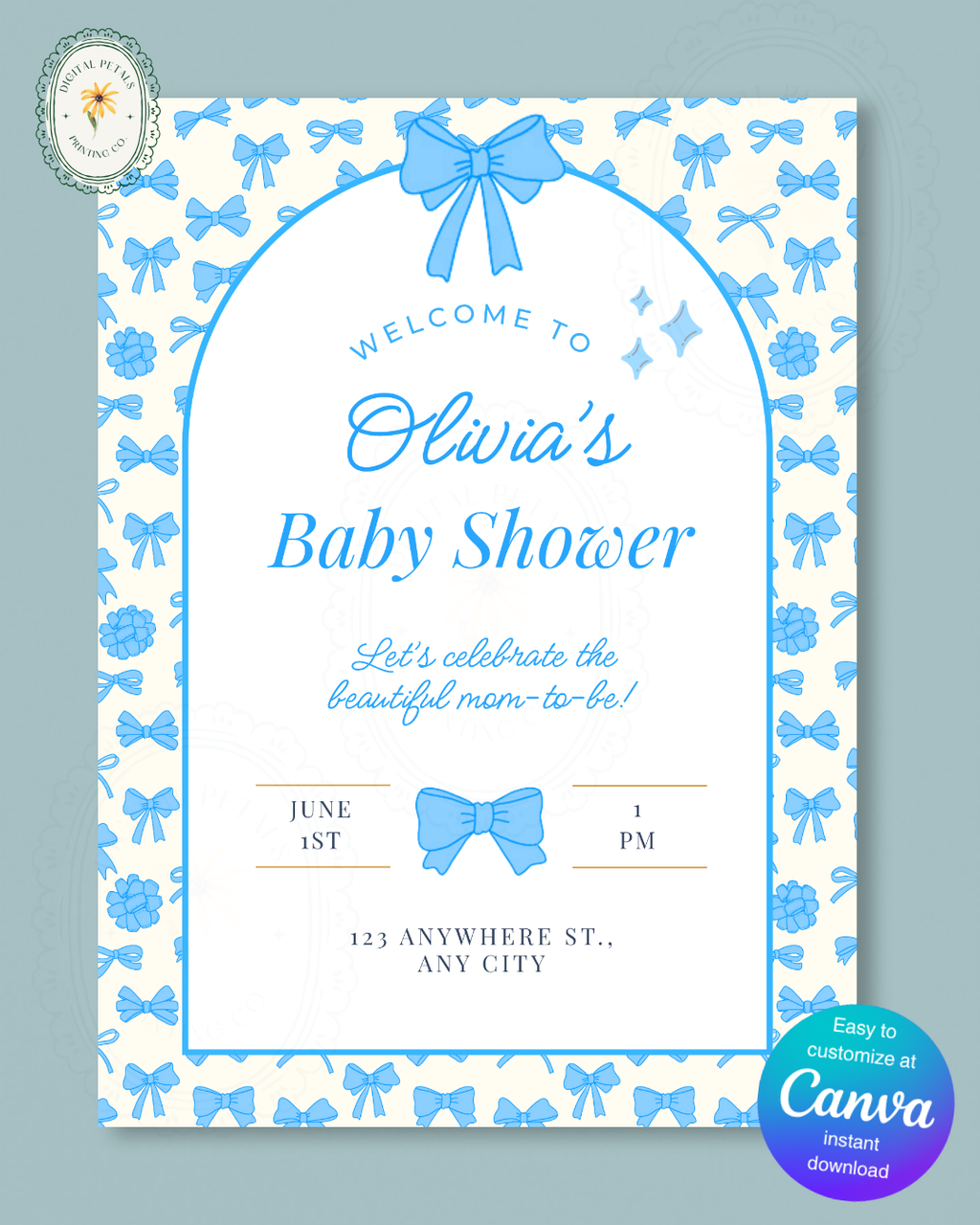 Baby Boy Shower Welcome Sign Template | Blue Ribbons & Bows | Canva Editable