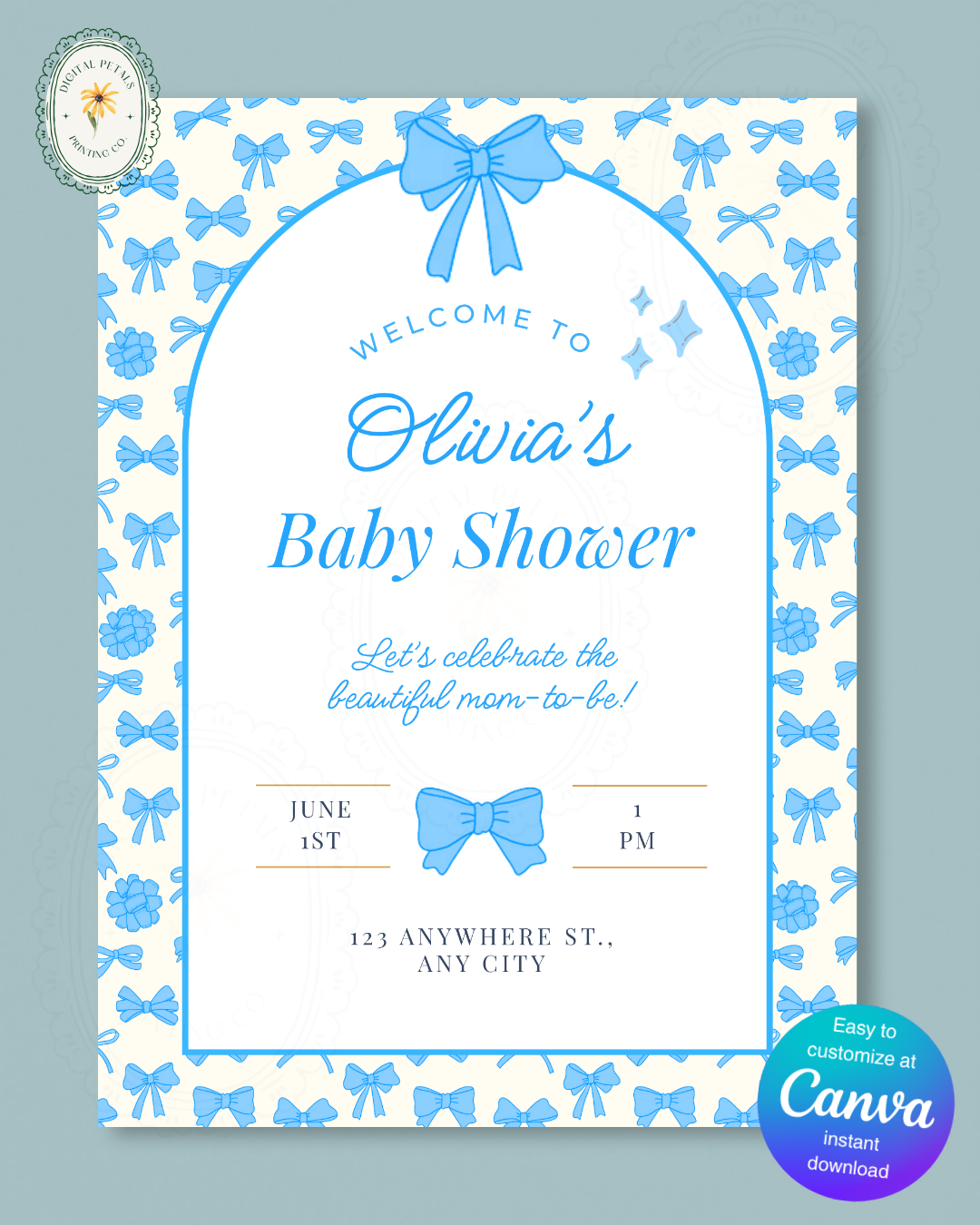 Baby Boy Shower Welcome Sign Template | Blue Ribbons & Bows | Canva Editable