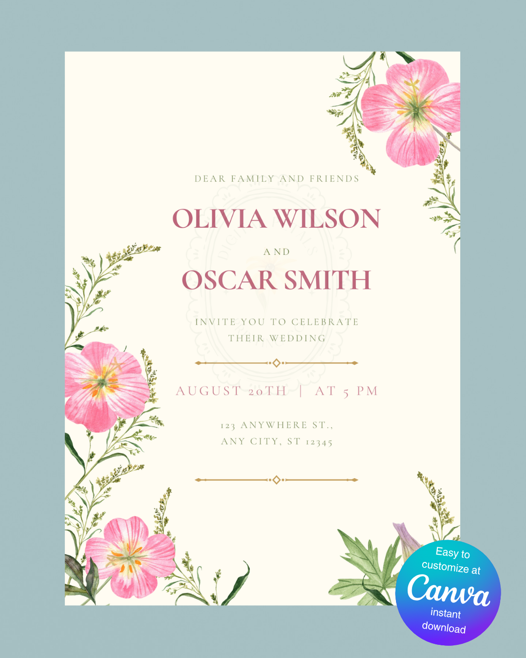 Dusty Rose & Blush Pink Primrose Wildflower Wedding Invitation | Minimalist Printable Invite | Digital Download