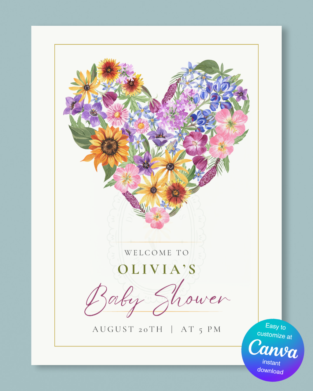 Wildflower Heart Baby Shower Welcome Sign | Editable Canva Template | Instant Digital Download