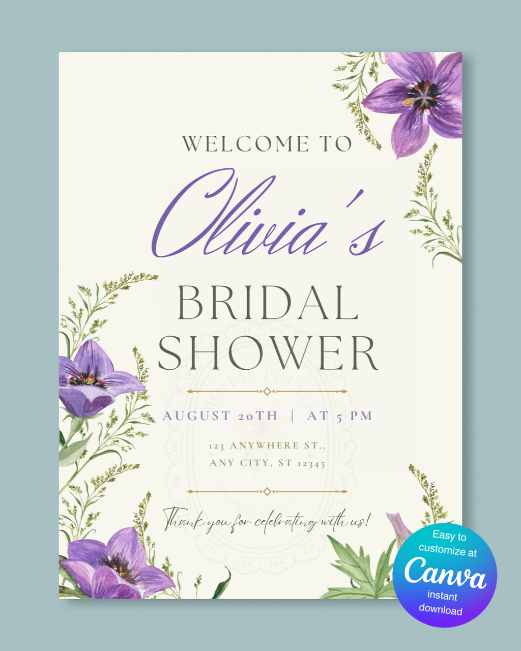 Violet Wildflower Bridal Shower Welcome Sign | Editable Canva Template | Digital Download