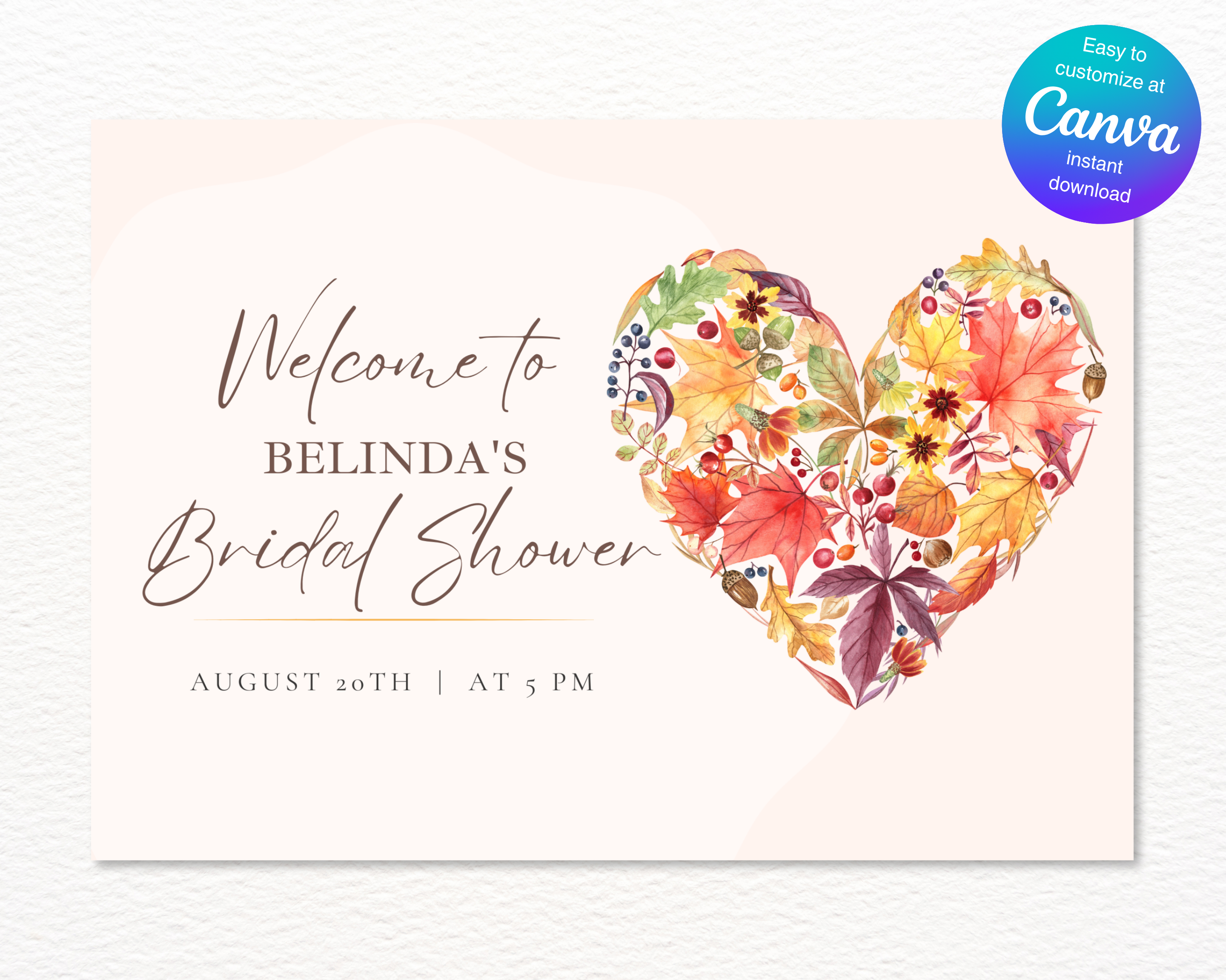 Fall Wildflower Bridal Shower Welcome Sign | Boho Heart Border | Editable Canva Digital Download | Print at Home