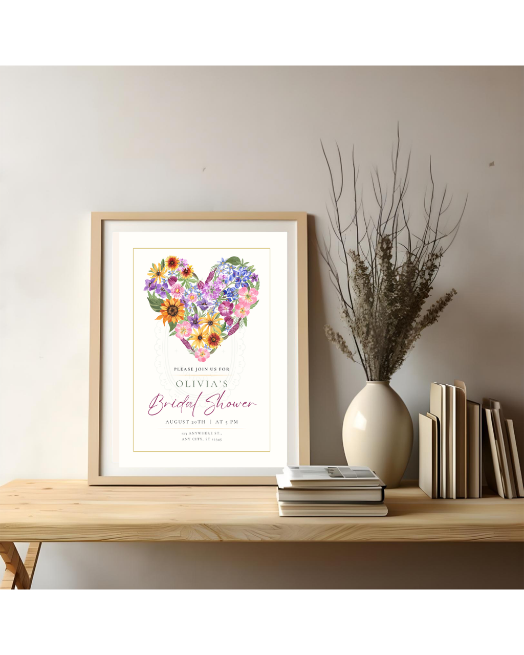 Wildflower Heart Bridal Shower Invitation — Editable Digital Download Template