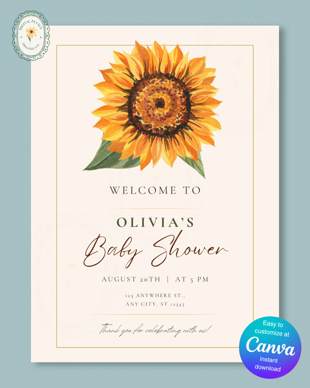 Terracotta & Rust Sunflower Baby Shower Welcome Sign | Editable Canva Template | Instant Digital Download