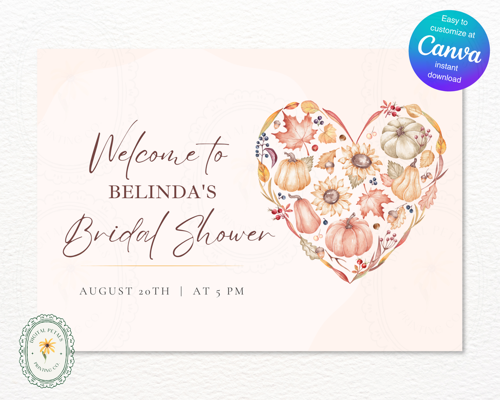 Autumn Bridal Shower Welcome Sign | Rustic Heart Floral Border | Editable Canva Digital Download | Print at Home