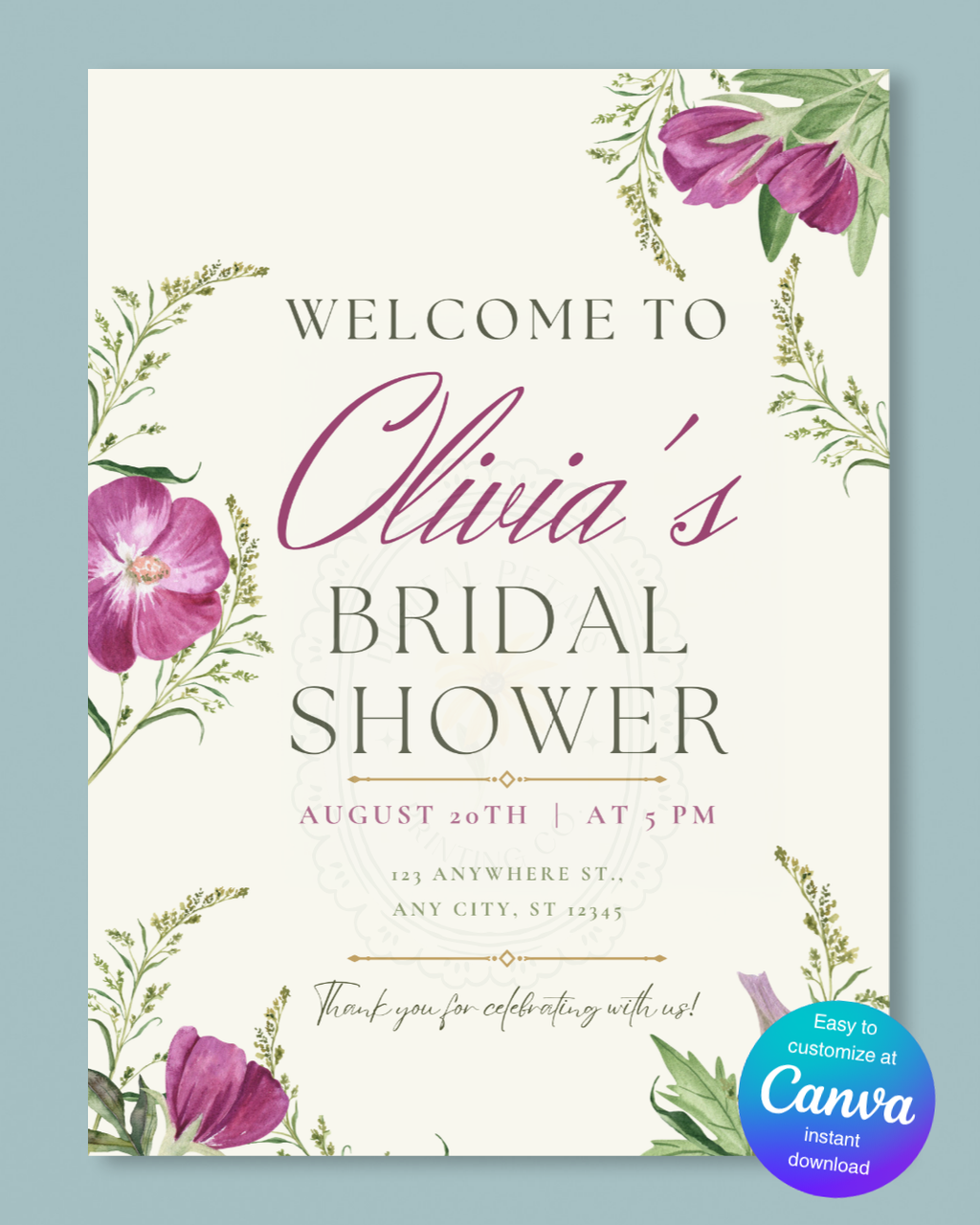 Purple Wildflower Bridal Shower Welcome Sign | Editable Canva Template | Digital Download