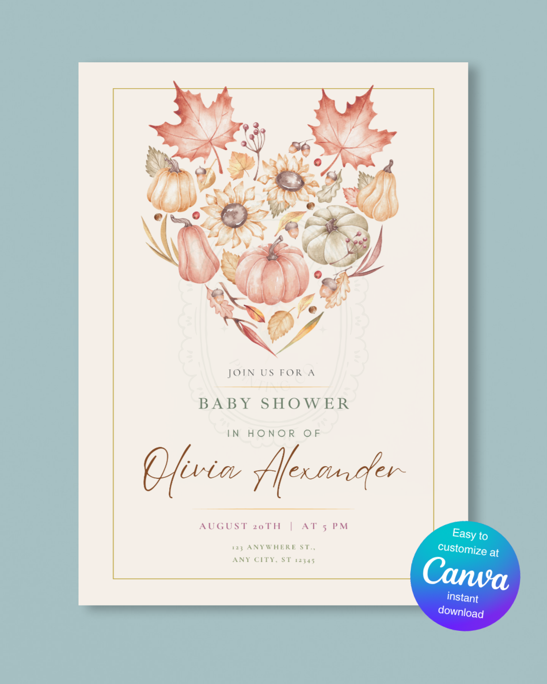 Burgundy Fall Leaves Baby Shower Invitation Template | Editable Canva Digital Download