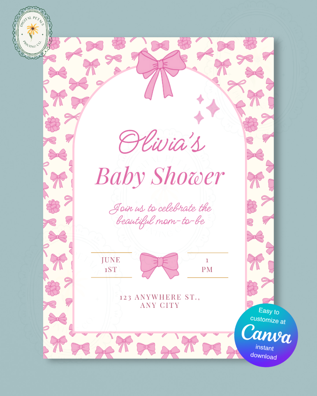 Baby Girl Shower Invitation Template | Pink Ribbons & Bows | Canva Editable