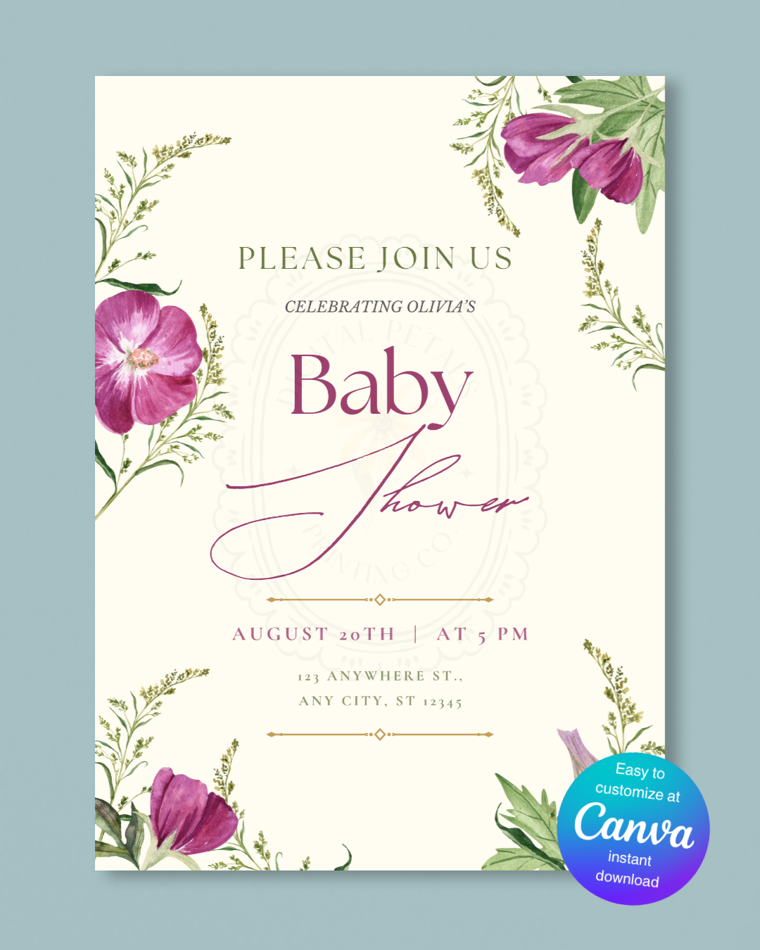 Lavender & Lilac Wildflower Baby Shower Invitation | Minimalist Printable Invite | Digital Download