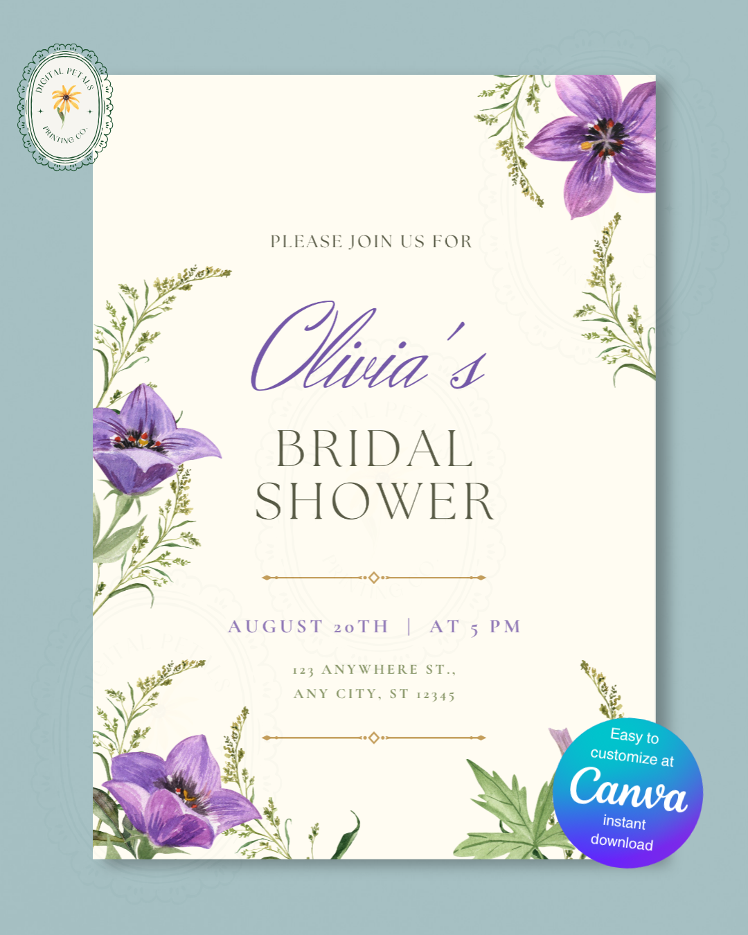 Violet & Periwinkle Wildflower Bridal Shower Invitation | Minimalist Printable Invite | Digital Download