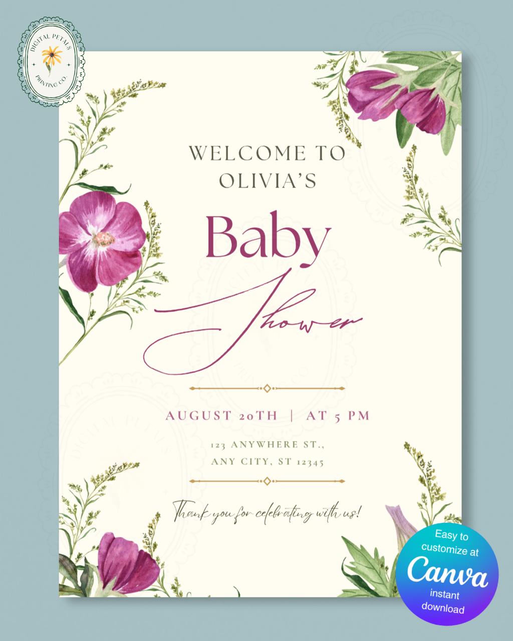 Lavender & Lilac Wildflower Baby Shower Welcome Sign | Editable Canva Template | Digital Download
