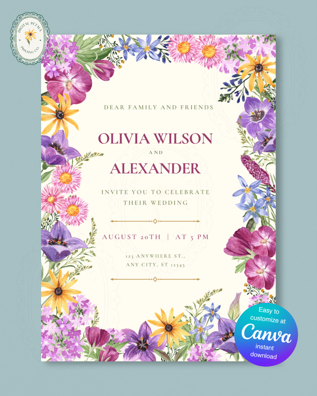 Boho Wildflower Border Wedding Invitation | Printable Botanical Invite | Digital Download