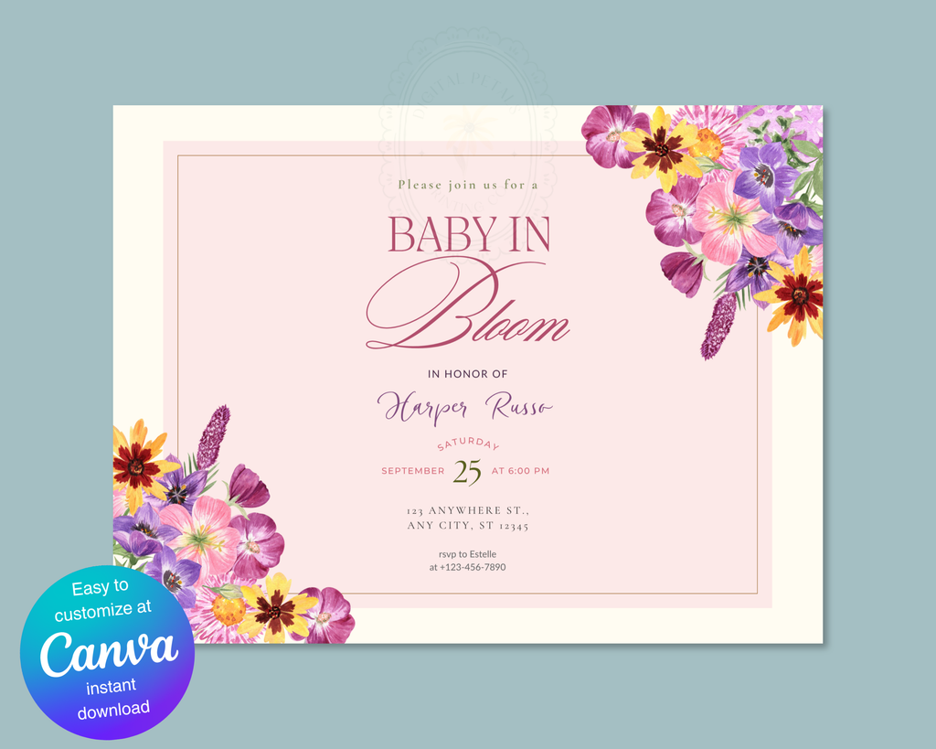 Baby in Bloom Spring Boho Baby Shower Invitation | Landscape Digital Download | Canva Editable