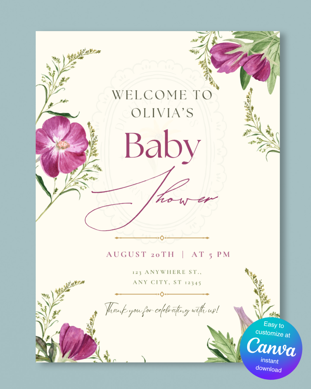 Lavender & Lilac Wildflower Baby Shower Welcome Sign | Editable Canva Template | Digital Download