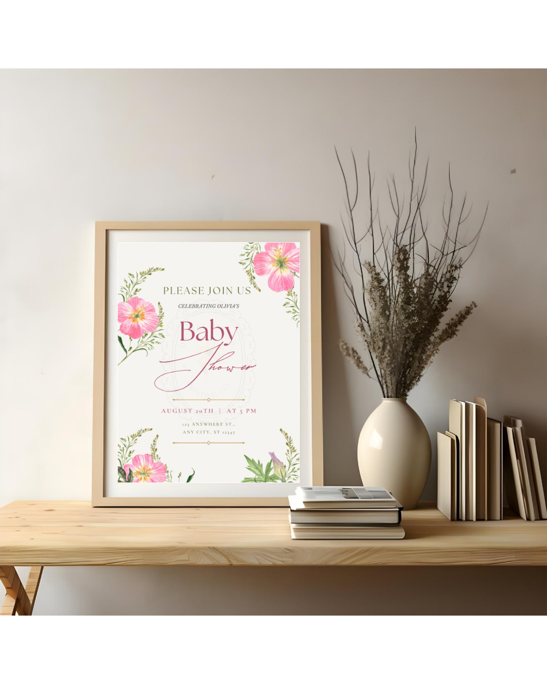 Pink Wildflower Baby Shower Invitation | Minimalist Printable Invite | Digital Download