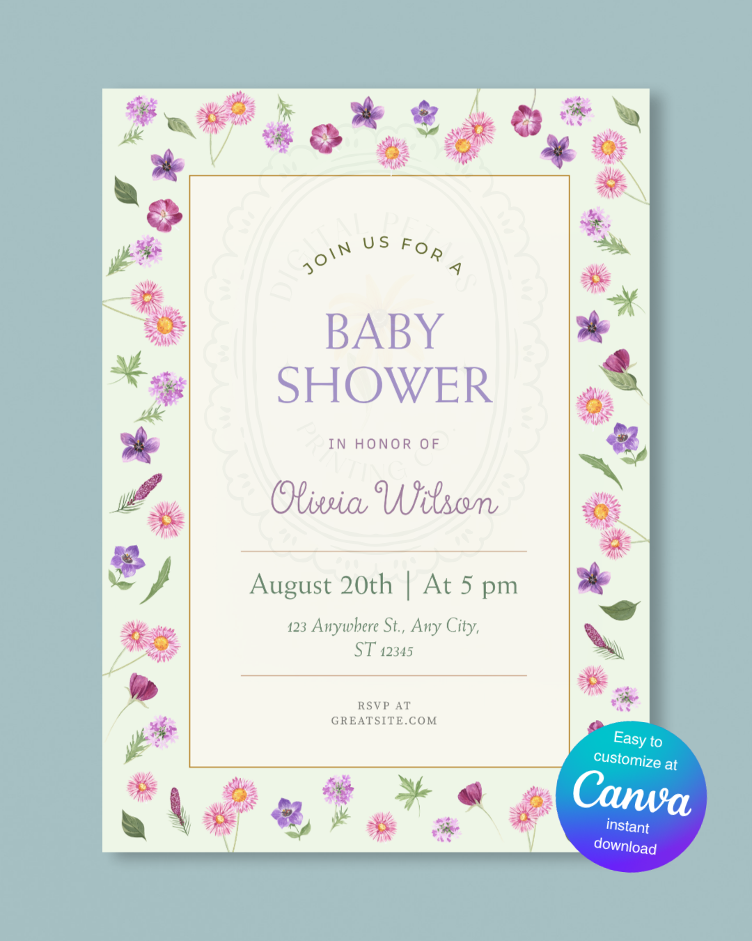 Spring Garden Wildflowers Baby Shower Invitation Template | Editable Canva Digital Download