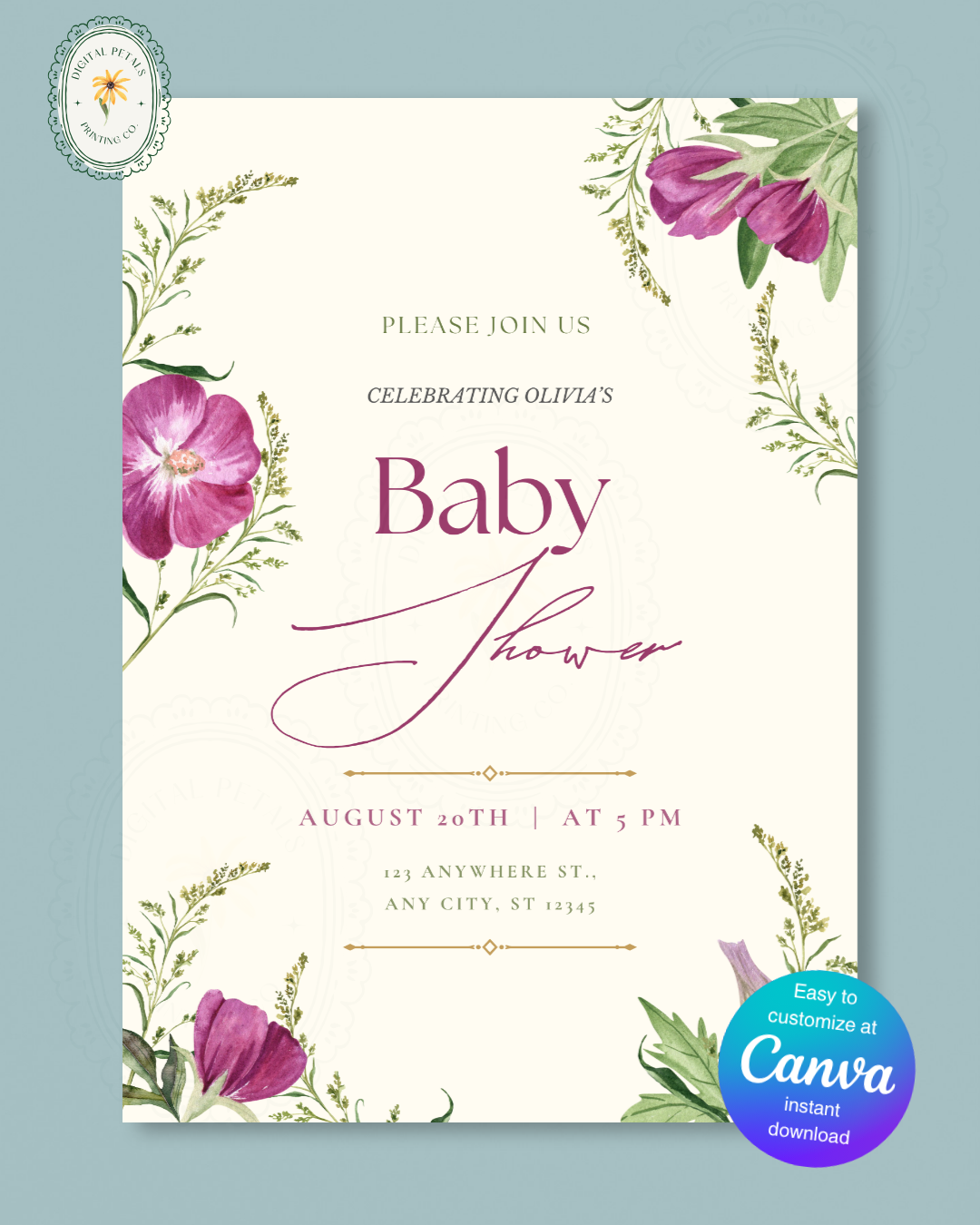 Lavender & Lilac Wildflower Baby Shower Invitation | Minimalist Printable Invite | Digital Download