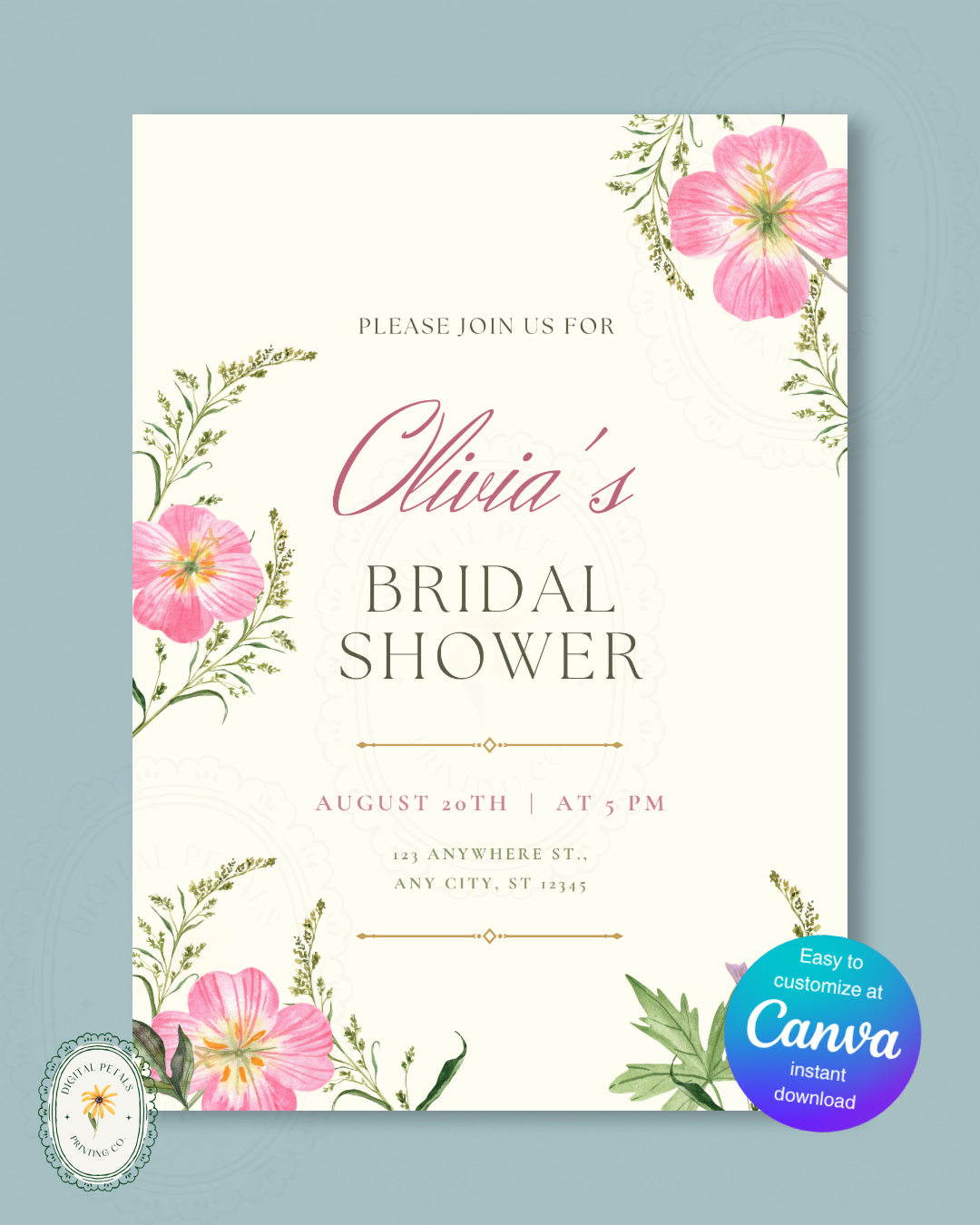Dusty Rose & Blush Pink Wildflower Bridal Shower Invitation | Minimalist Printable Invite | Digital Download