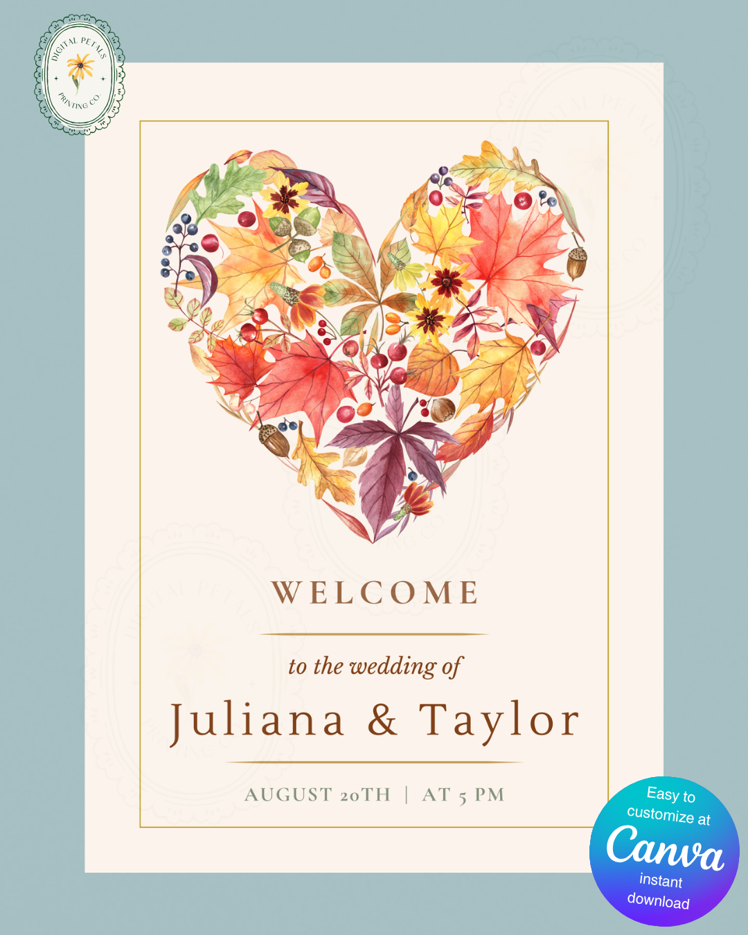 Terracotta & Rust Fall Heart Wedding Welcome Sign | Editable Canva Template | Instant Digital Download