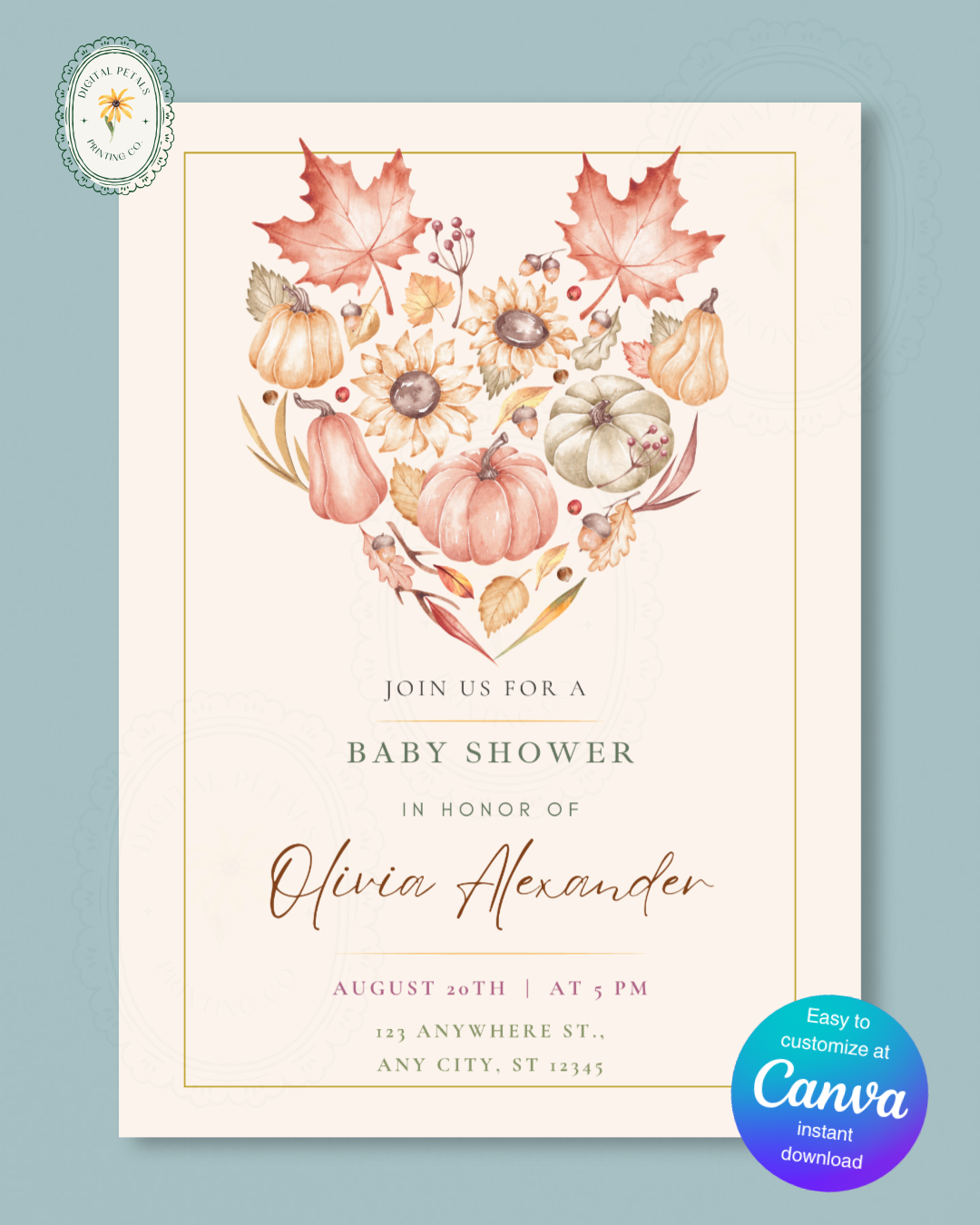Burgundy Fall Leaves Baby Shower Invitation Template | Editable Canva Digital Download