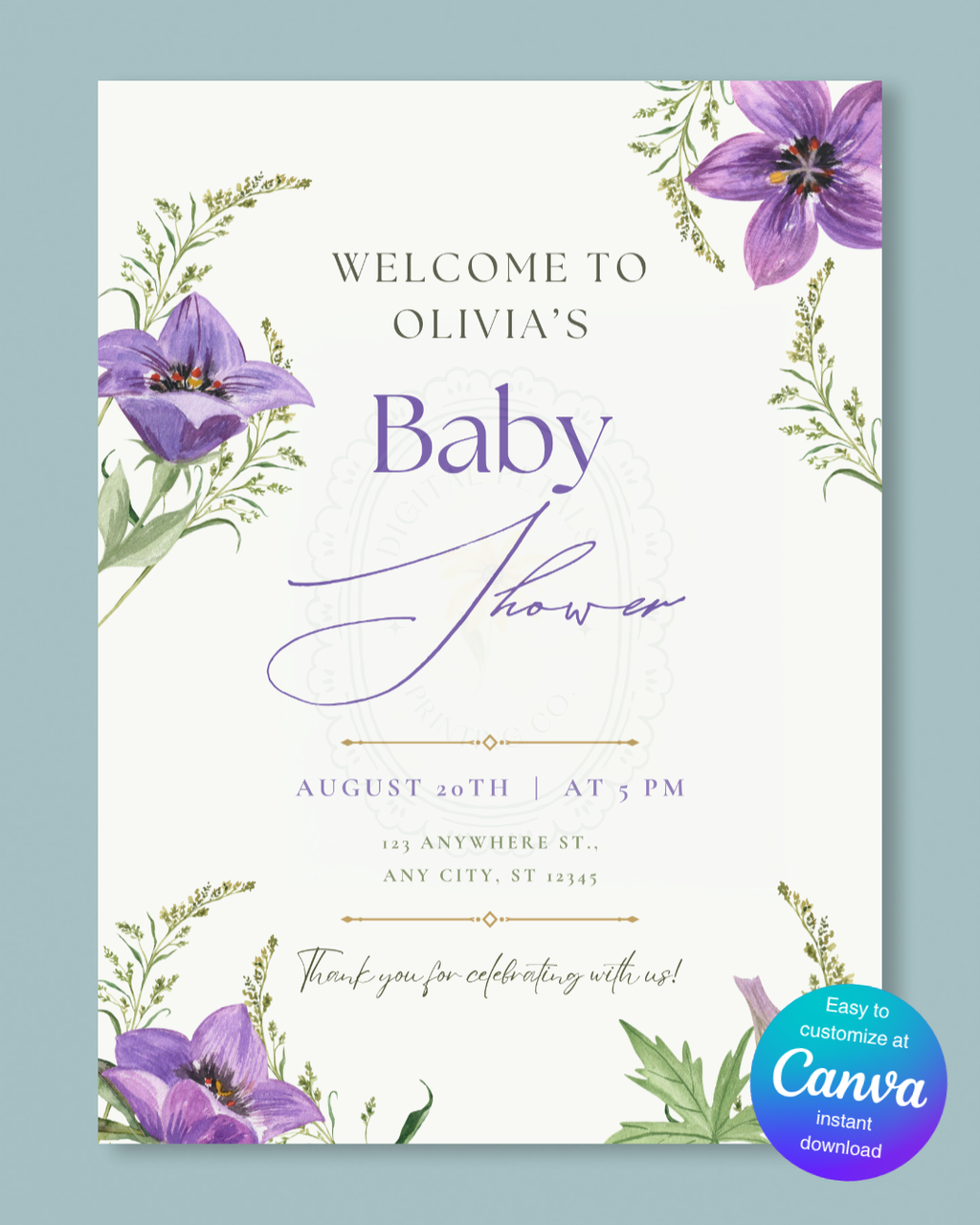 Violet Wildflower Baby Shower Welcome Sign | Editable Canva Template | Digital Download