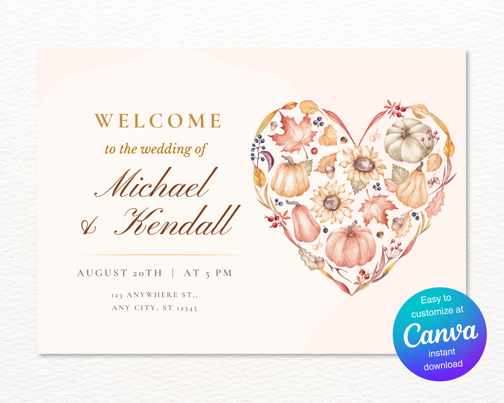 Autumn Wedding Welcome Sign | Rustic Heart Floral Border | Editable Canva Digital Download | Print at Home