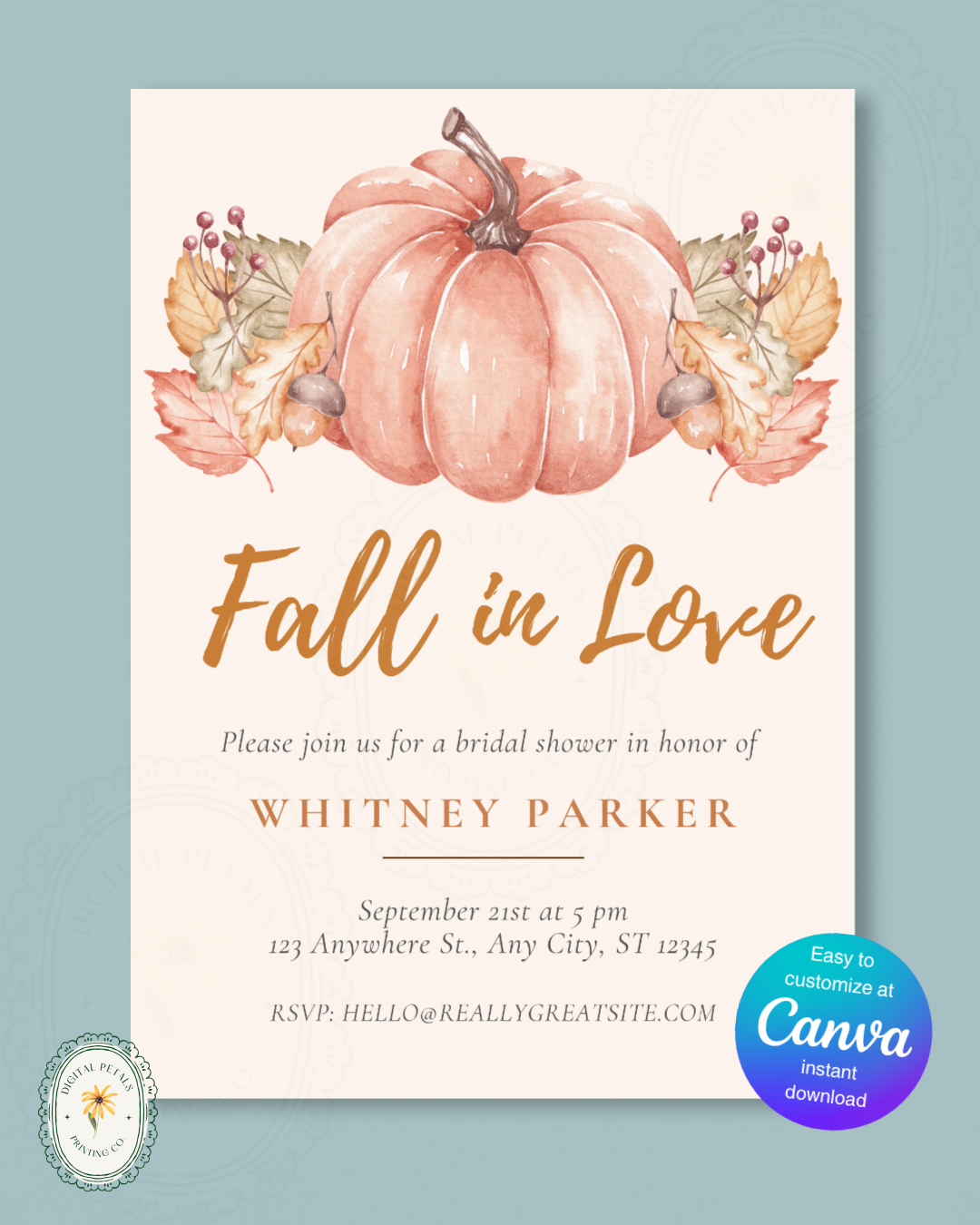 Terracotta & Rust Pumpkin Bridal Shower Invitation | Fall in Love Digital Template