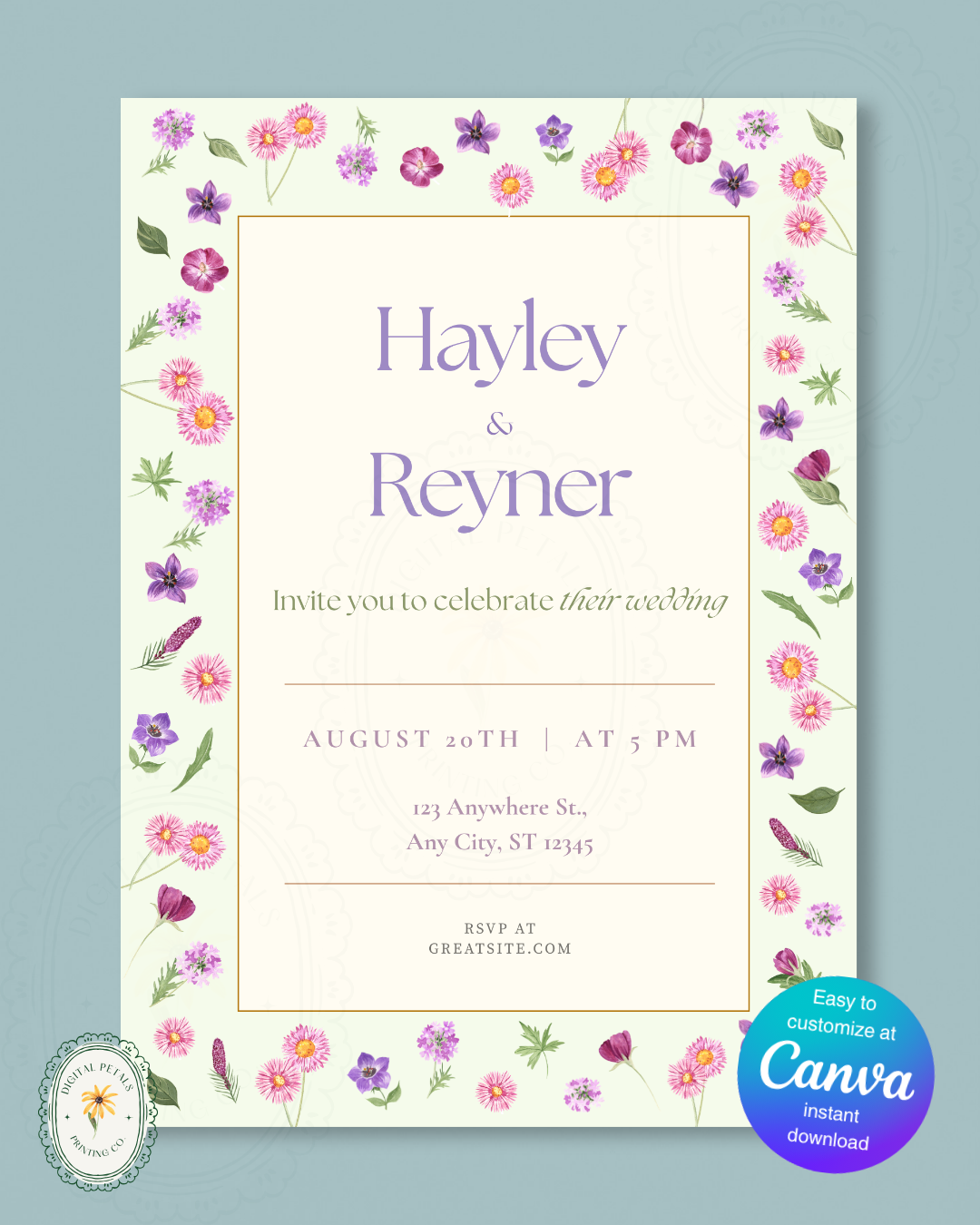 Spring Garden Wildflowers Wedding Invitation Canva Template | Wildflower Floral Digital Download