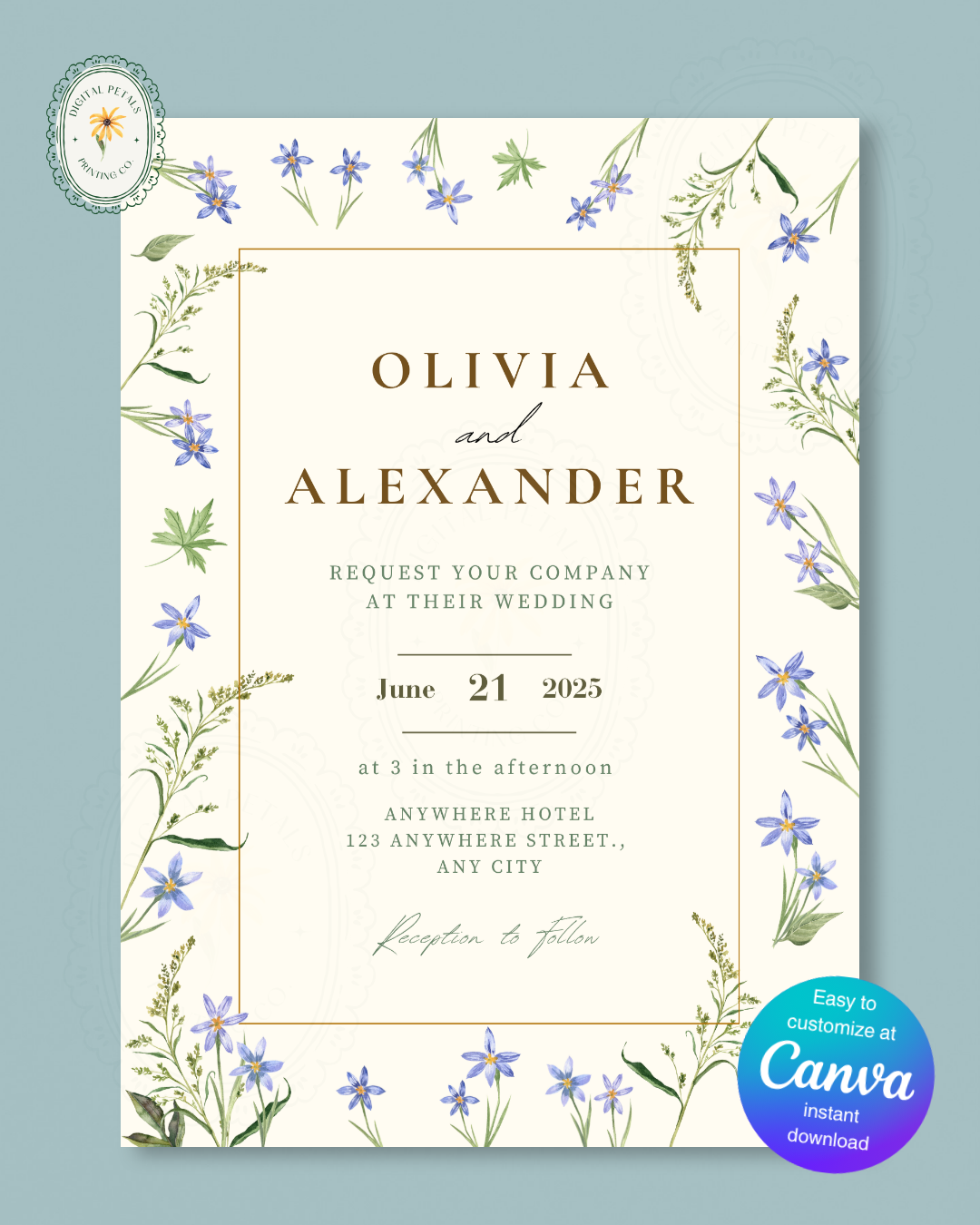 Dusty Blue Floral Border Wedding Invitation Template | Editable Digital Download