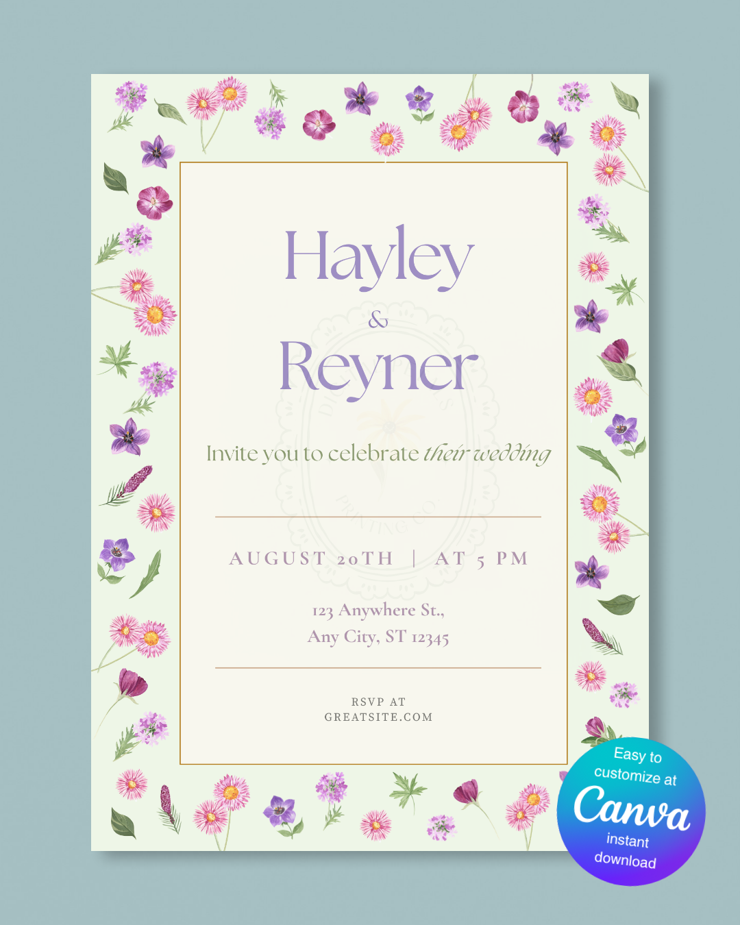 Spring Garden Wildflowers Wedding Invitation Canva Template | Wildflower Floral Digital Download
