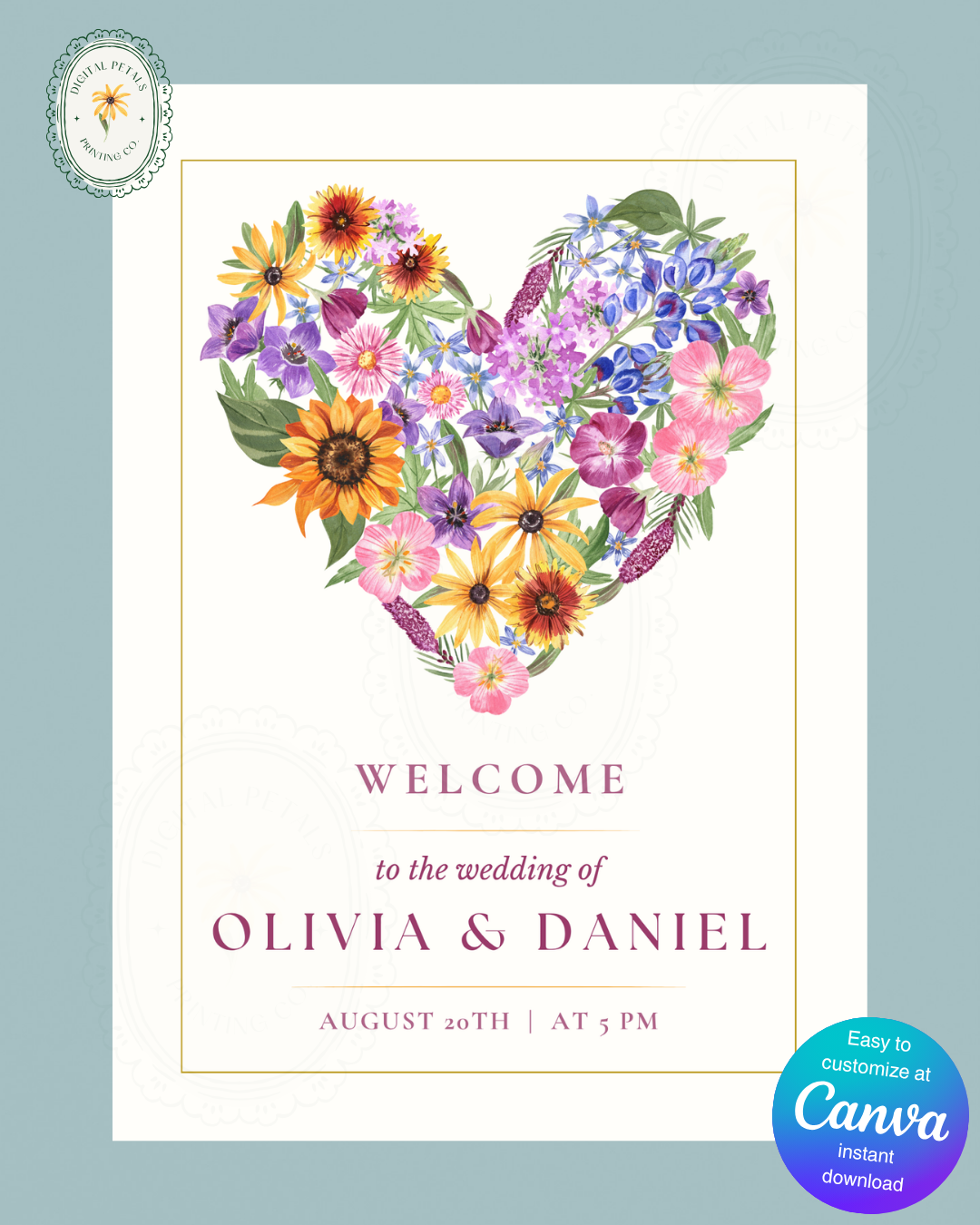 Boho Wildflower Heart Wedding Welcome Sign | Editable Canva Template | Instant Digital Download