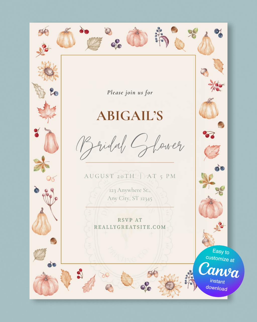 Autumn Harvest Wildflowers Bridal Shower Invitation Template | Editable Canva Digital Download