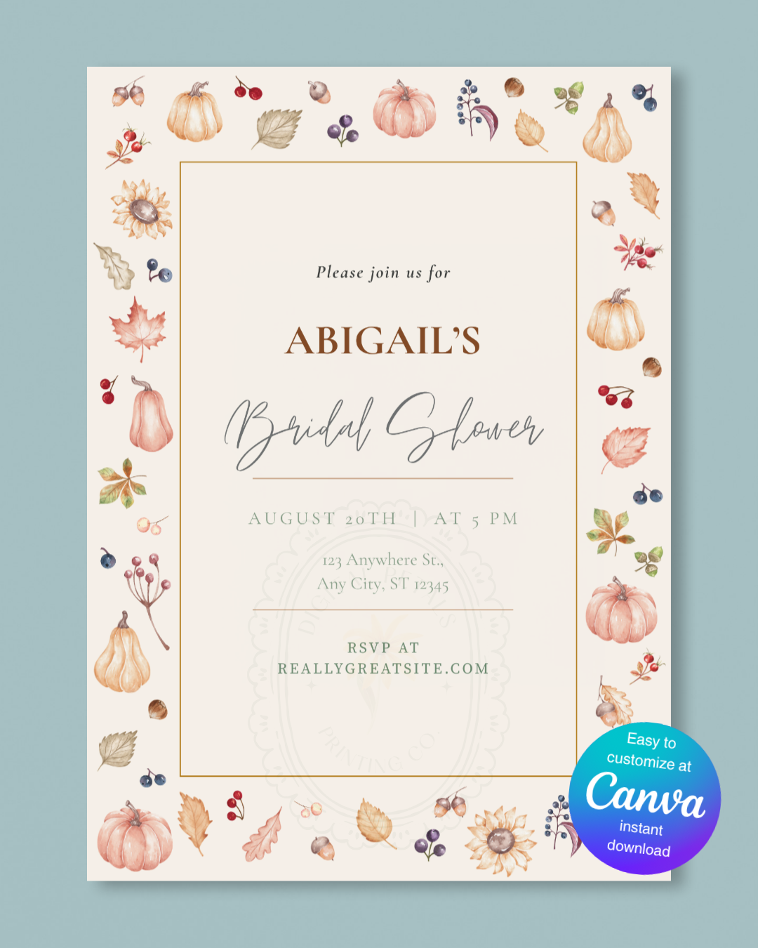 Autumn Harvest Wildflowers Bridal Shower Invitation Template | Editable Canva Digital Download