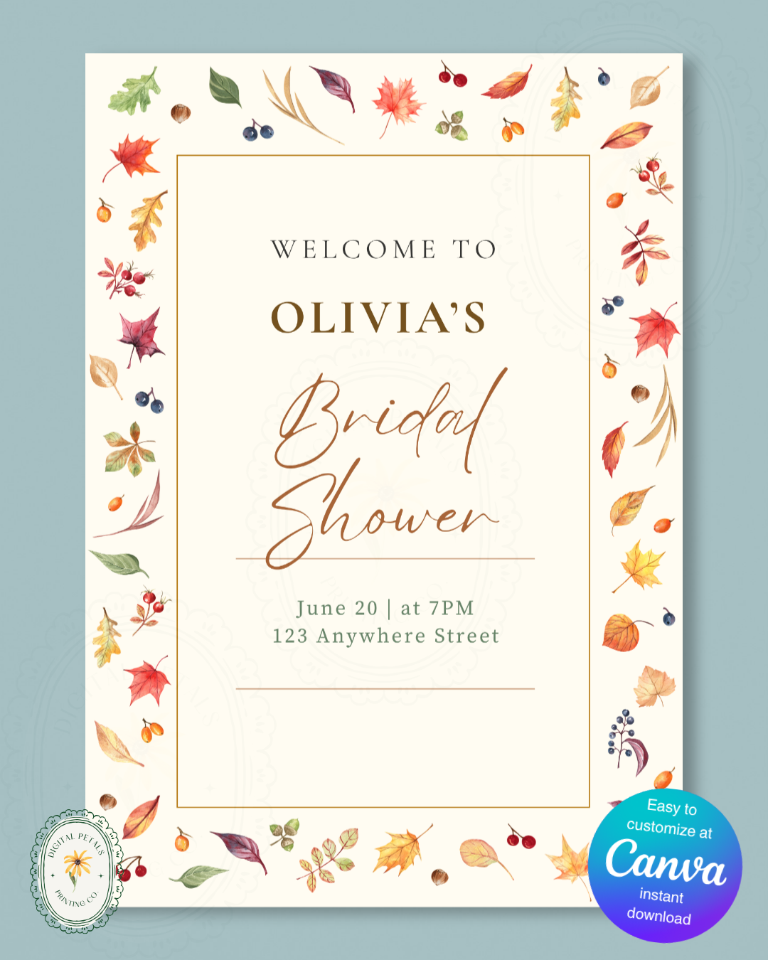 Terracotta & Cream Fall Leaves Bridal Shower Welcome Sign | Editable Canva Template | Digital Download