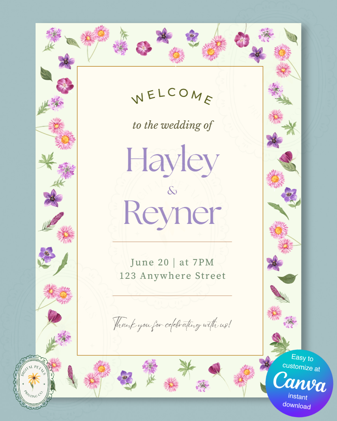 Spring Garden Wildflowers Wedding Welcome Sign Template | Editable Canva Digital Download