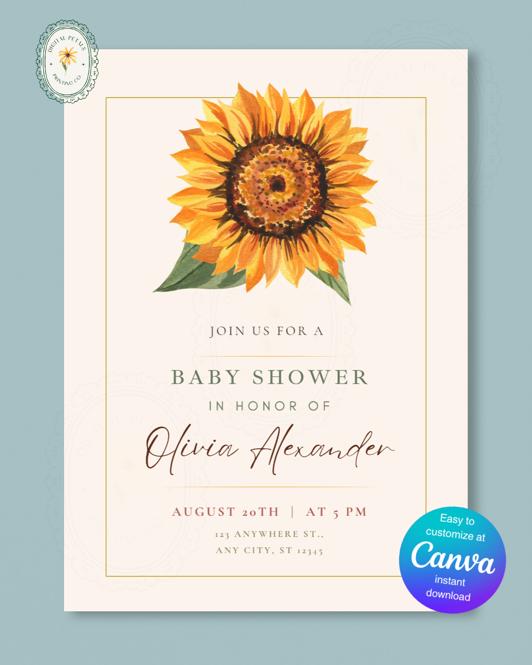 Terracotta & Rust Sunflower Baby Shower Invitation — Editable Digital Download Template