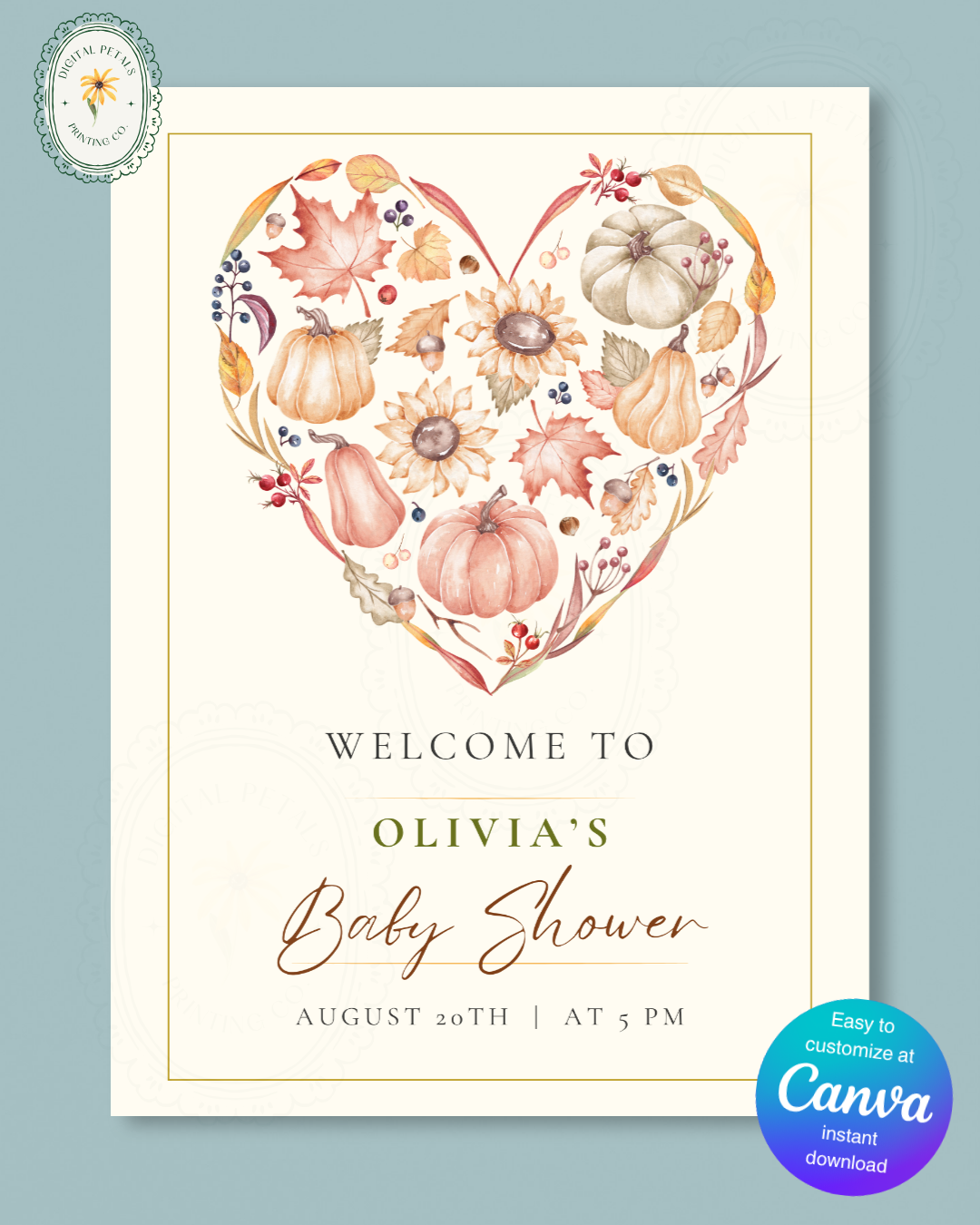 Terracotta & Rust Autumn Heart Baby Shower Welcome Sign | Editable Canva Template | Digital Download