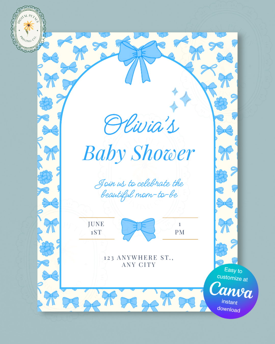 Baby Shower Invitation Template | Powder Blue Ribbons & Bows | Canva Editable