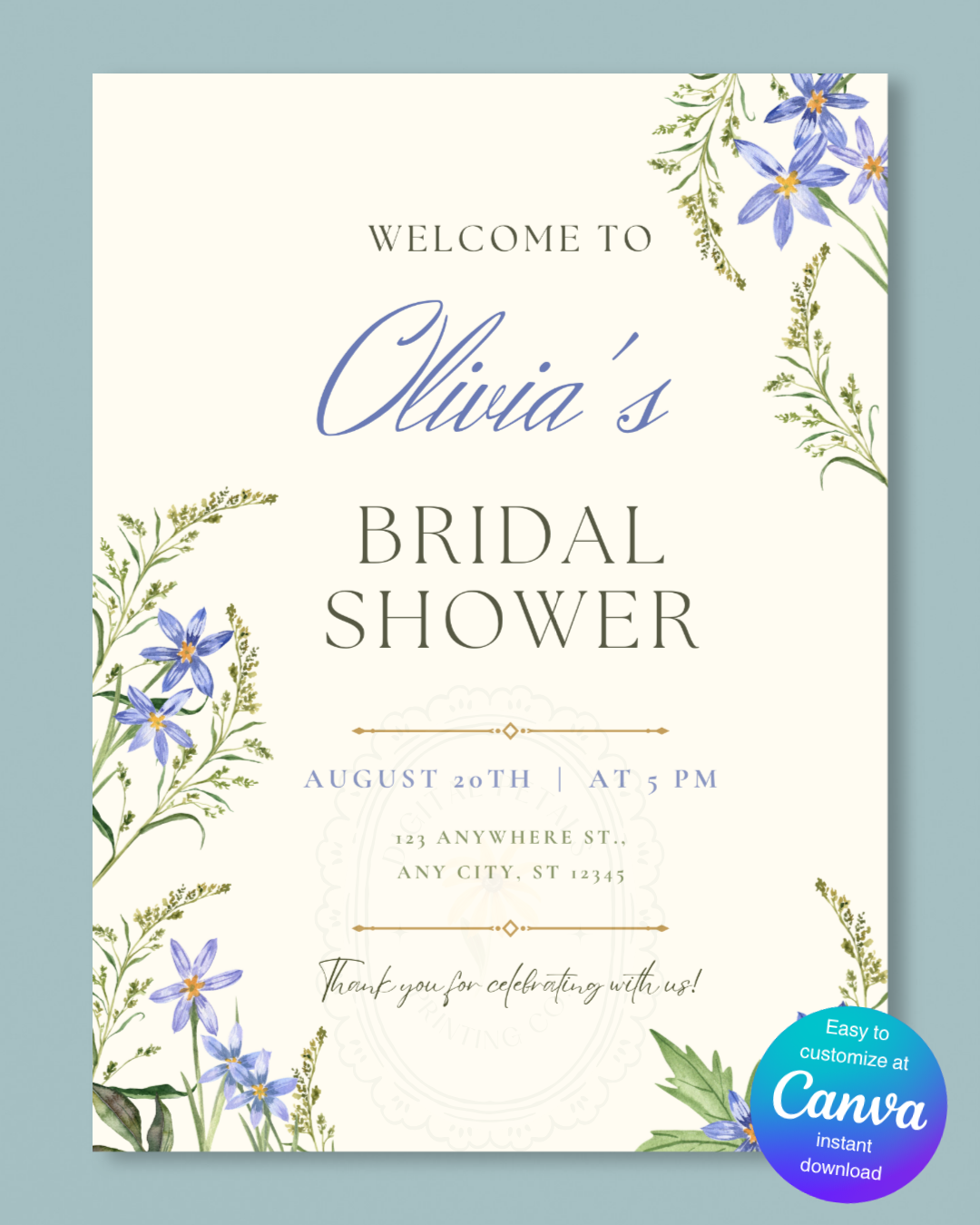 Powder Blue Wildflower Bridal Shower Welcome Sign | Editable Canva Template | Digital Download